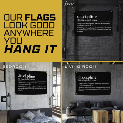 Gold Trident Flags Discipline Motivational Gym Banner – Discipline Poster for Gym, Dorm, Room, Home Workout Space – Cool Fitness Wall Decor – Durable Polyester, Double Stitched Flag – 3x5 Feet