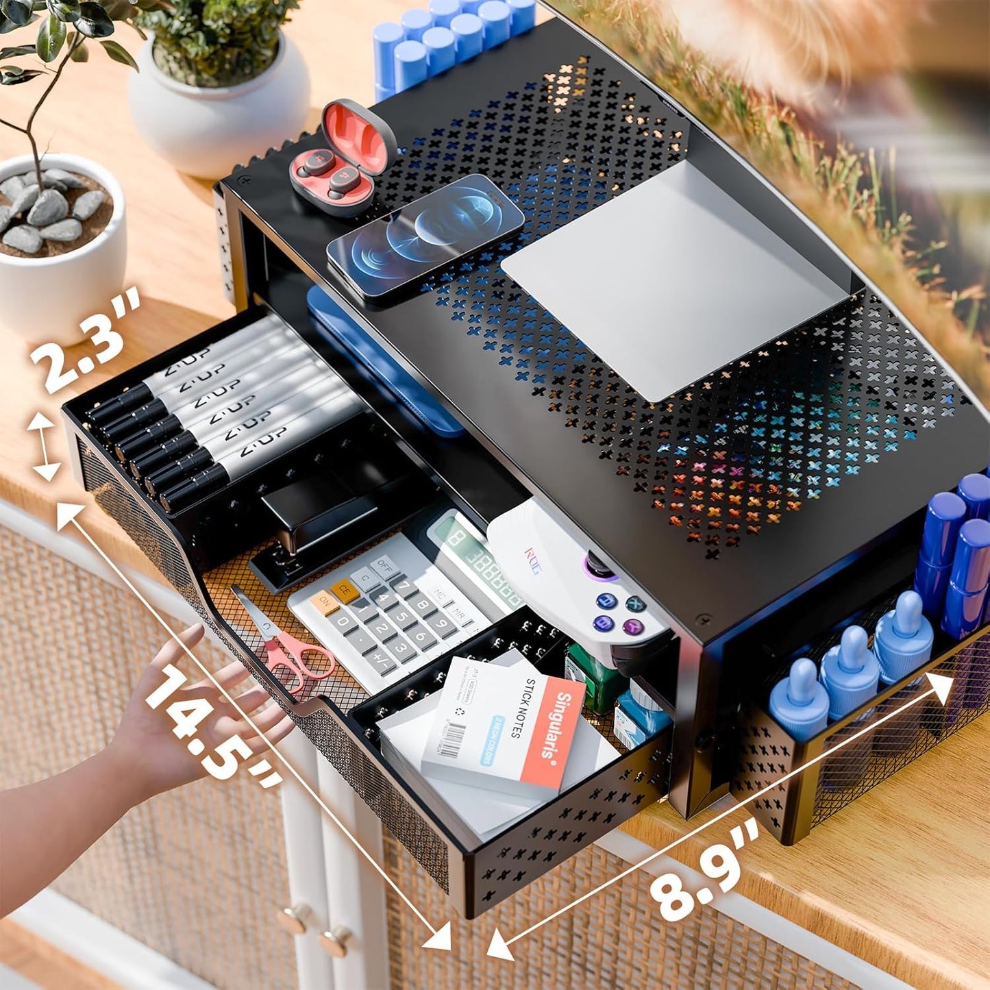 Simple Trending Desk Organizer and Accessories, 2 Tier Computer Metal Monitor Stand Riser with Drawer and Pen Holder for Laptop, Computer, iMac, Black