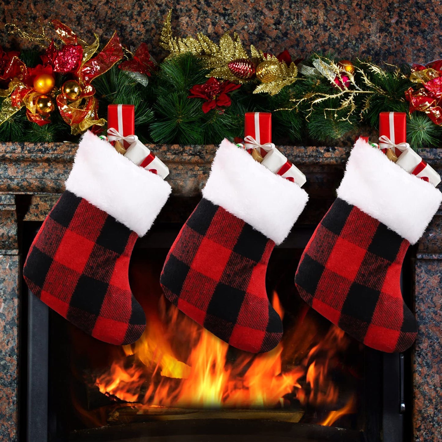 XIMISHOP 12PACK Mini Christmas Stockings 7” Double Side Xmas Red Buffalo Plaid Fireplace Hanging Stocking with Plush Cuff for Christmas Tree Decor