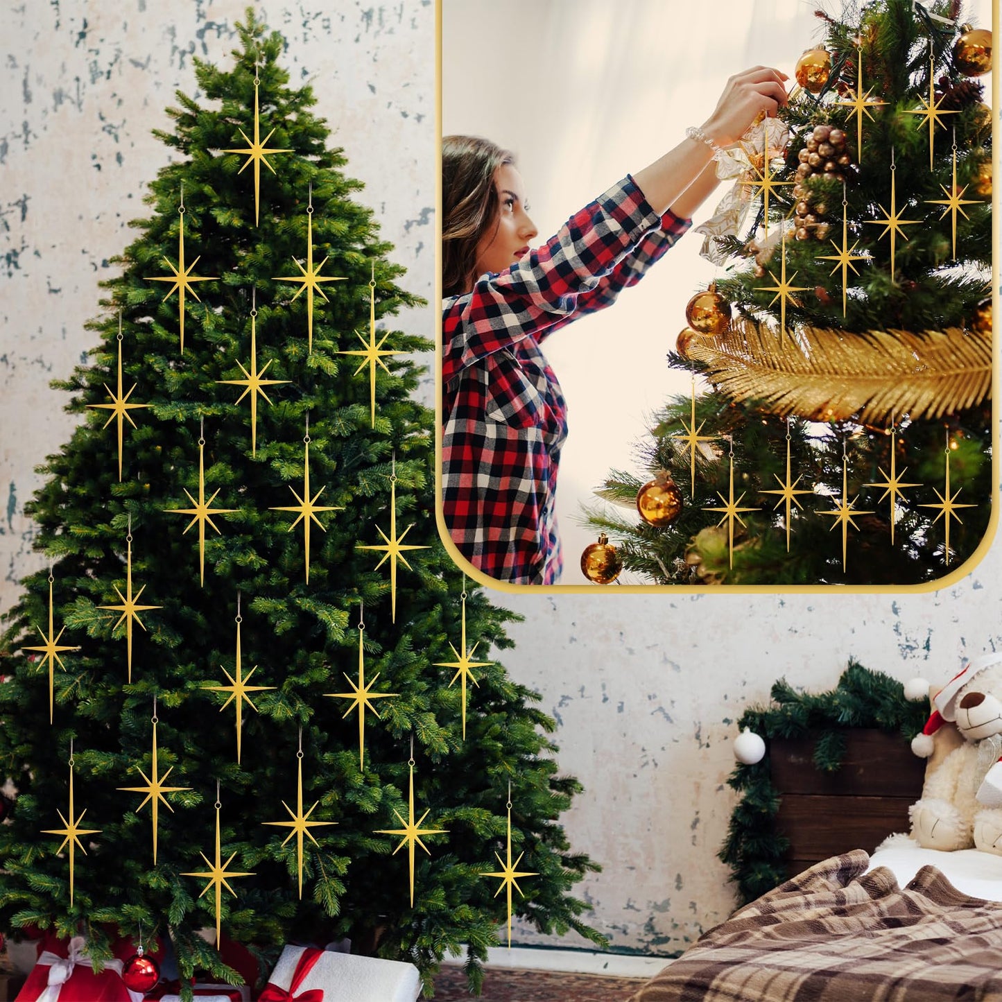 MorningRo 20 Pcs Gold Glitter Star Ornament for Tree Glitter Metal Nativity Star of Bethlehem Ornaments Golden Cast Iron 3.15inch Religious Nativity Scene Hanging Gift for Party Decor