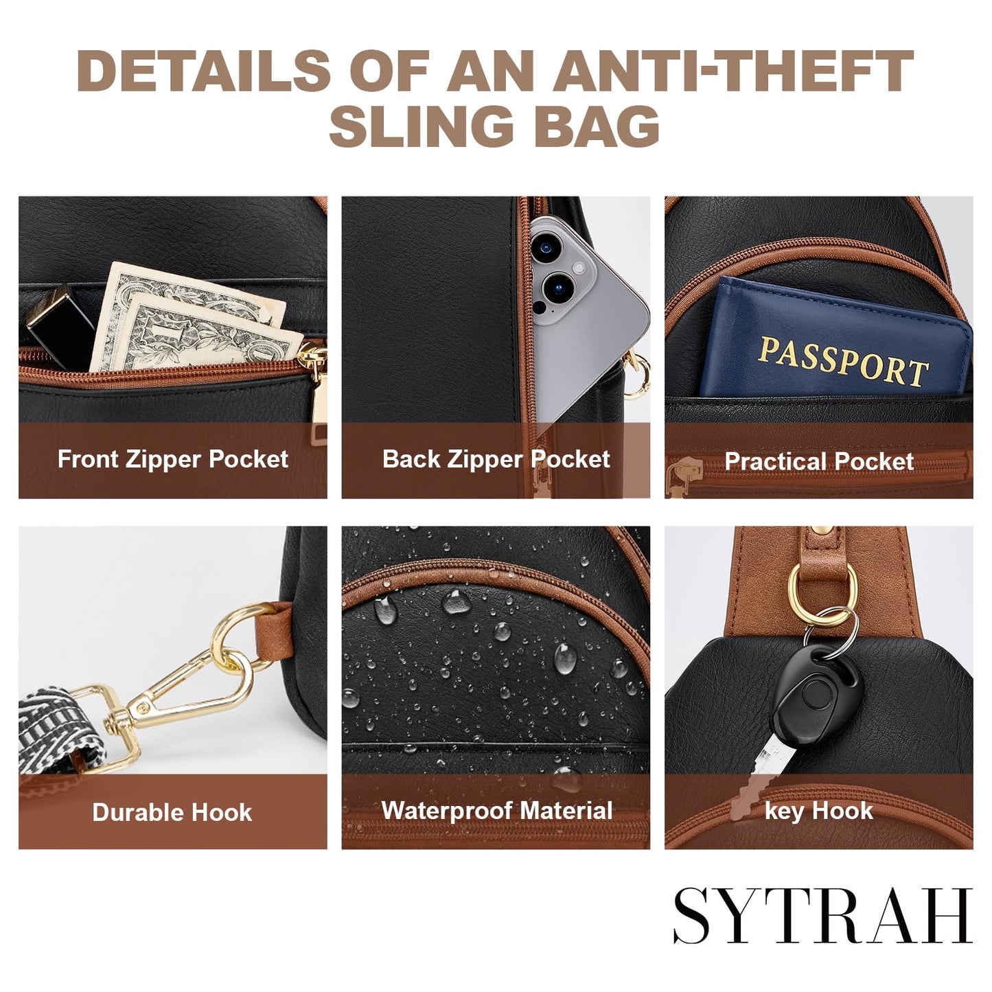 SYTRAH Anti Theft Crossbody Bags for Women, RFID Sling Bag Travel Purse, RFID Cross Body Purses Chest Bag for Travel Black Brown