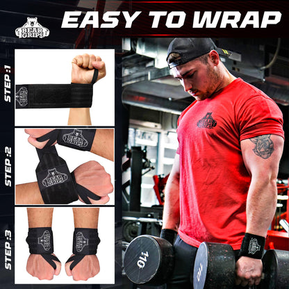 Bear Grips Wrist Wraps for Weightlifting | Weight Lifting Wrist Straps for Weightlifting | Extra Strength Gym Wrist Wraps | Two Wrist Wrap Per Pack | 12” & 18” | Lifting for Men & Women