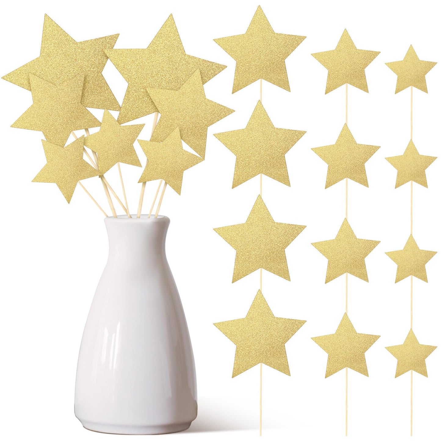 42 Pcs Gold Star Centerpieces Sticks Twinkle Glitter Star Table Flower Centerpiece Sticks Golden Cake Toppers for Graduation Back to School Wedding Engagement Bridal Baby Shower Party Decorations