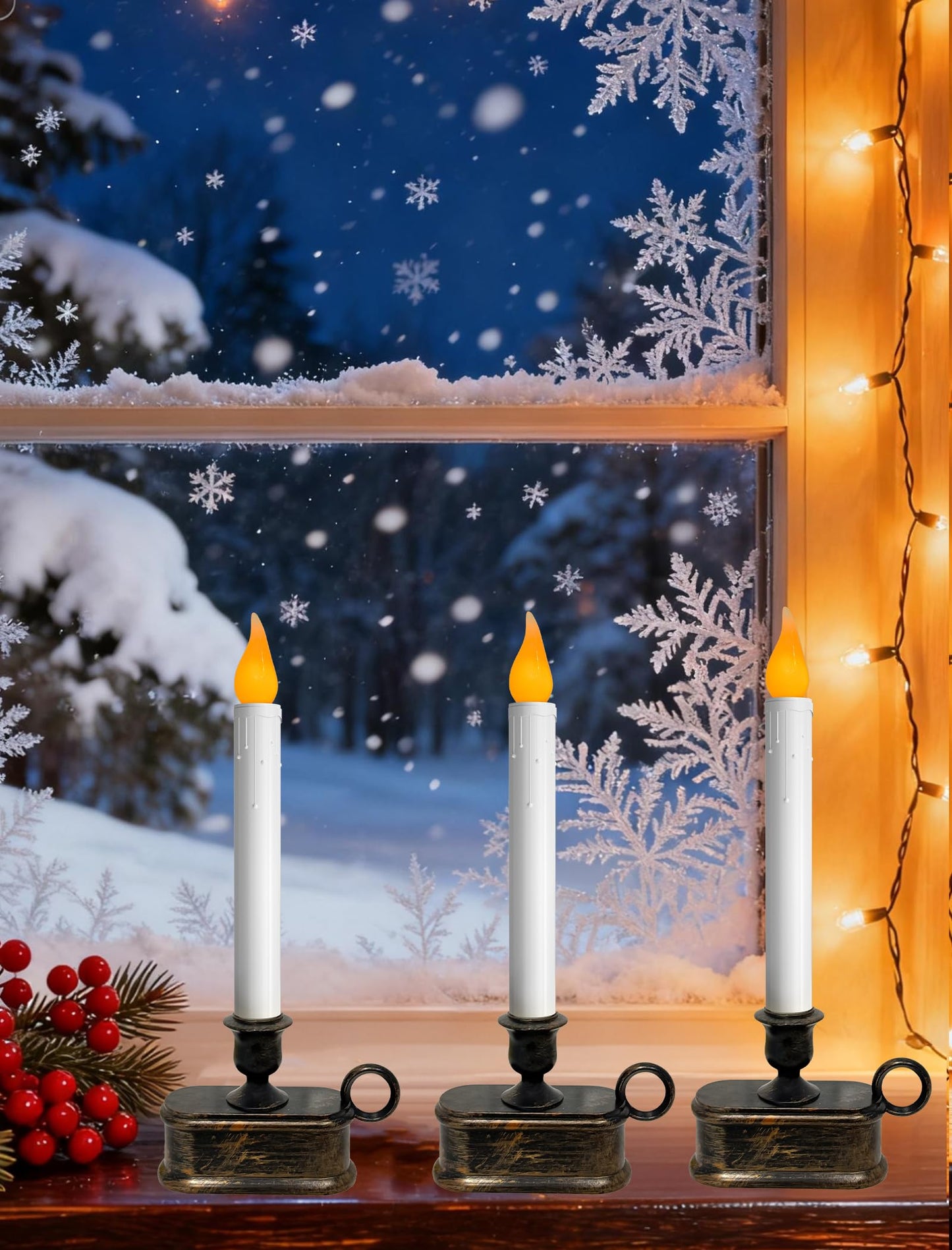4 Pack Christmas LED Candle Lamps with Sensor, 10Inch Battery Operated Window Candles with Flickering Flame for Indoor Bedroom Christmas Decoration with Bronze Plated Holder