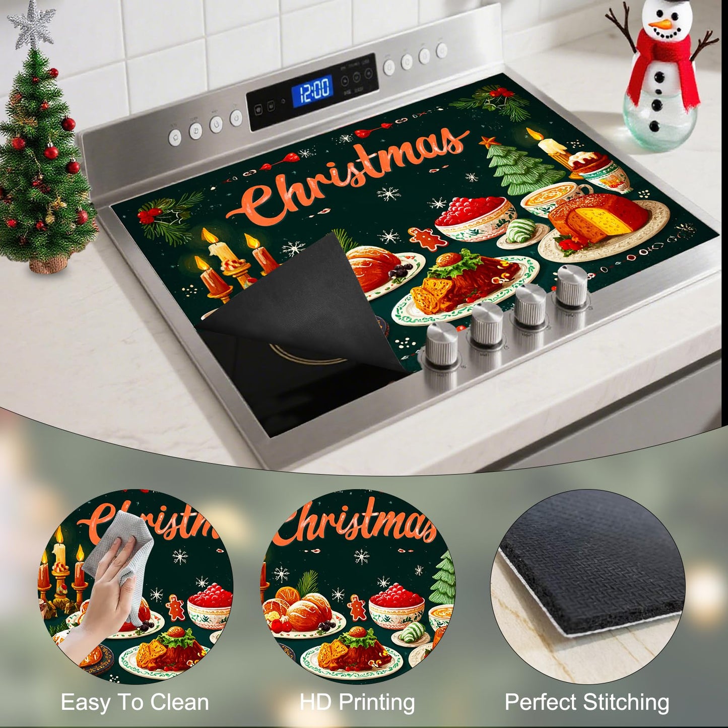 Nuxovilar Christmas Stove Top Cover 28.35×20.47 Inch – Christmas Feast Illustration for Holiday Kitchen Decor – Festive Stove Burner Cover, Polyester & Diatom Mud Blend