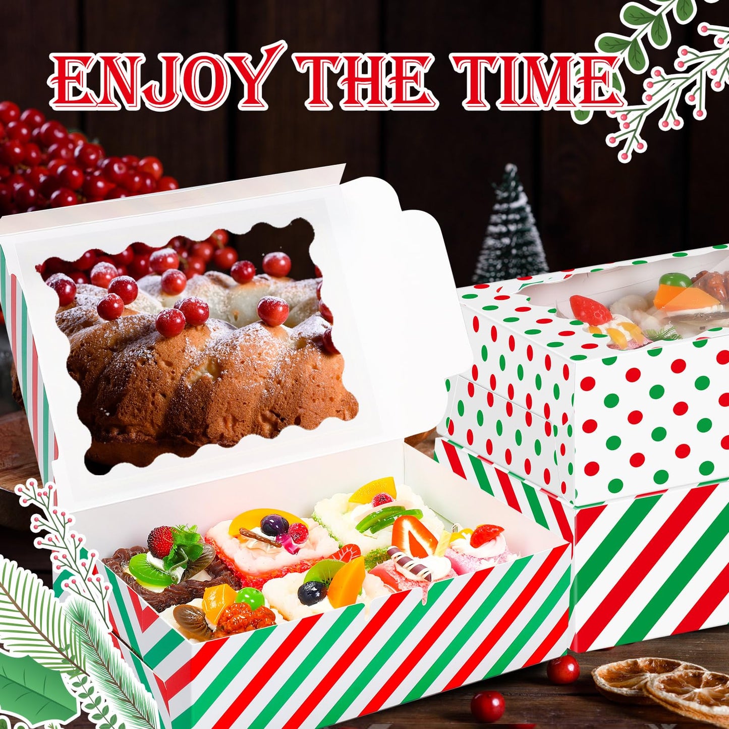 Gersoniel 24 Pcs Christmas Cookie Boxes with Window 8.6 x 6 x 2.5 Inch Bakery Xmas Treat Boxes for Gift Giving Red and Green Cupcake Candy Containers for Christmas Party Supplies (Stripe and Dot)
