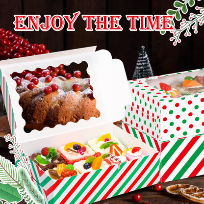 Gersoniel 24 Pcs Christmas Cookie Boxes with Window 8.6 x 6 x 2.5 Inch Bakery Xmas Treat Boxes for Gift Giving Red and Green Cupcake Candy Containers for Christmas Party Supplies (Stripe and Dot)