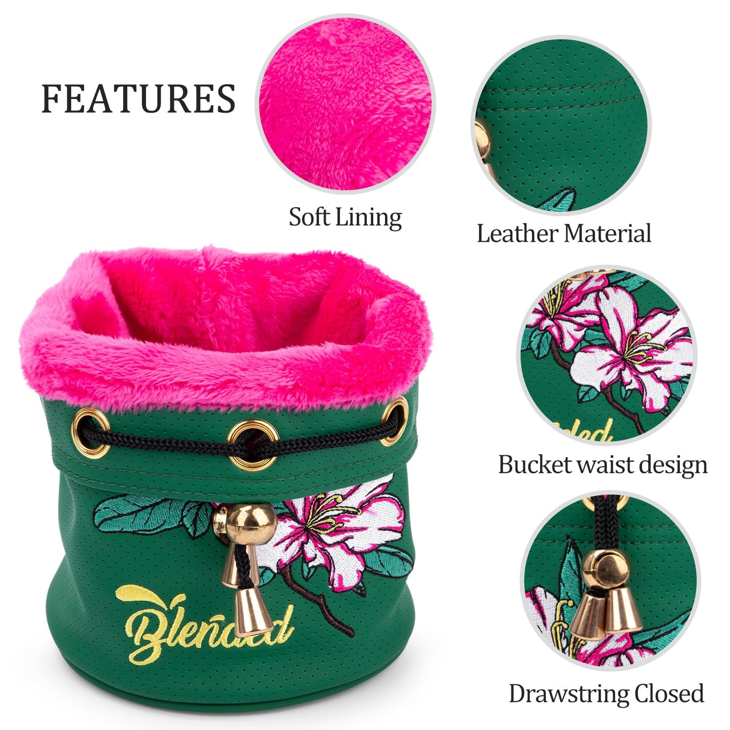 BAIRBRE Golf Valuables Pouch,Bucket Waist Design Golf Pouch Bag Azalea Embroidery Tee Bag with Drawstrings Leather for Men Women