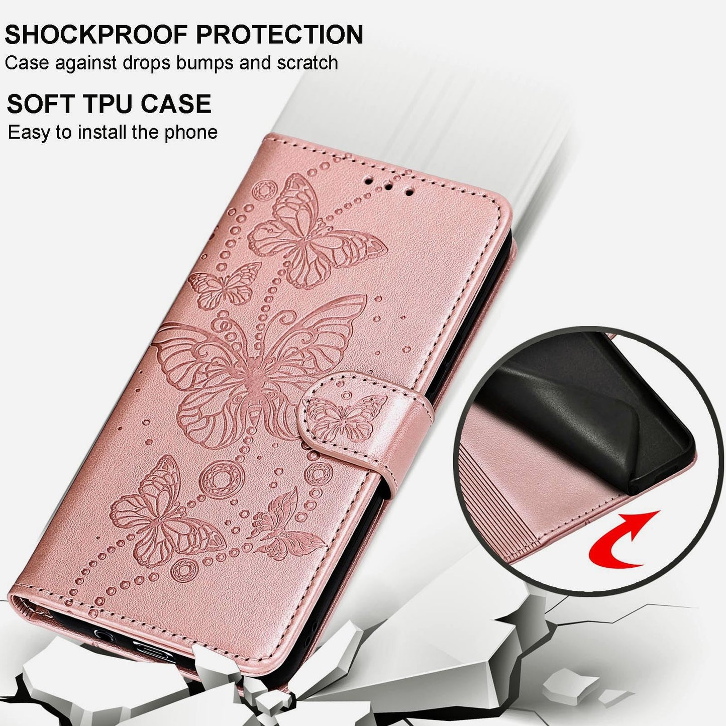SASYMALY for Samsung Galaxy S24 Ultra Wallet case, Flip Folio Cover with Stand Feature for Women Men, PU Leather Phone Case Fit for Samsung Galaxy S24 Ultra [Rose Gold-Butterfly]