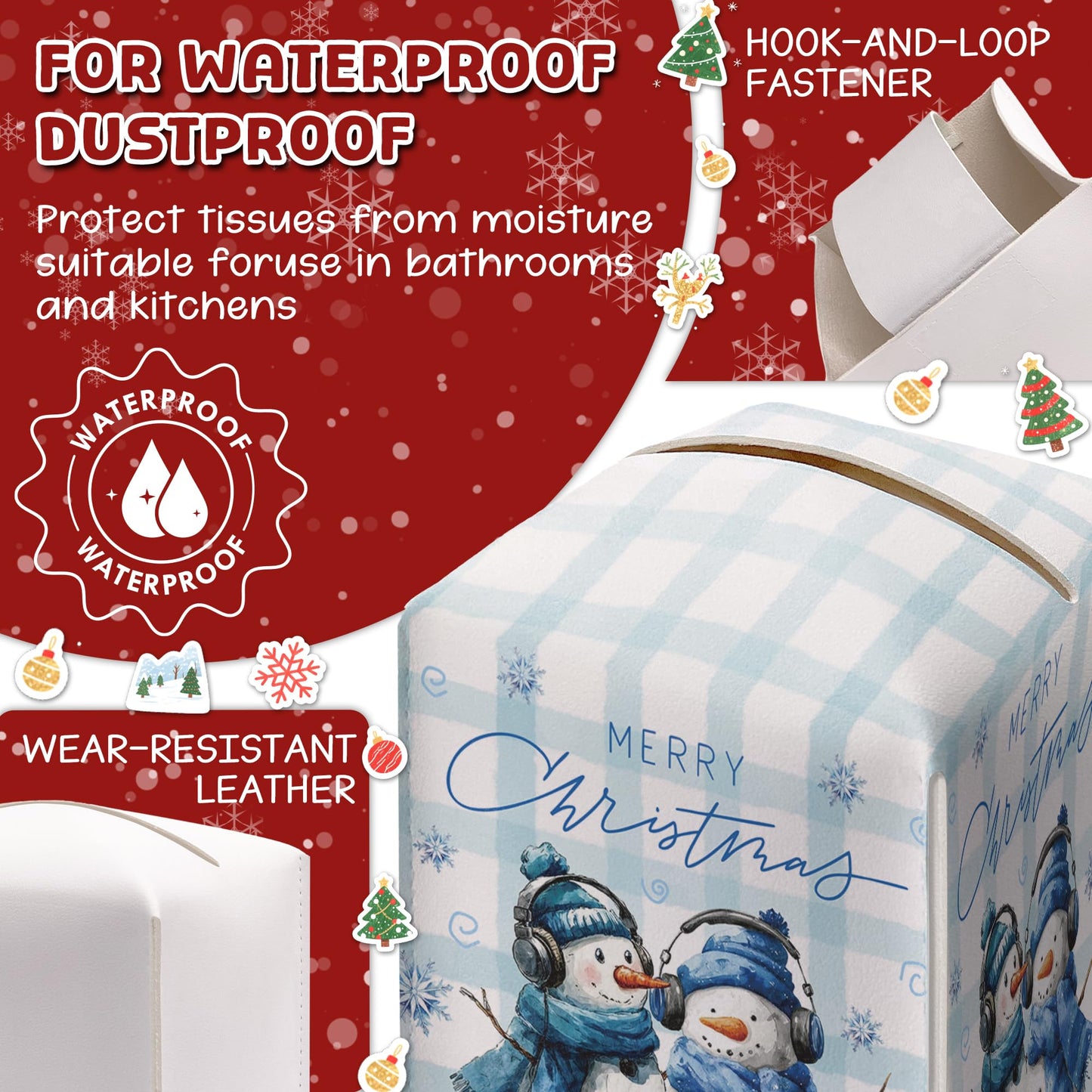 Christmas Snowman Box Cover Square, Blue Checkered Decorative Tissue Box Holder, Waterproof Leather Tissues Boxes Dispenser for Bathroom, Office, Car, Bedroom Nightstand, Home Decor