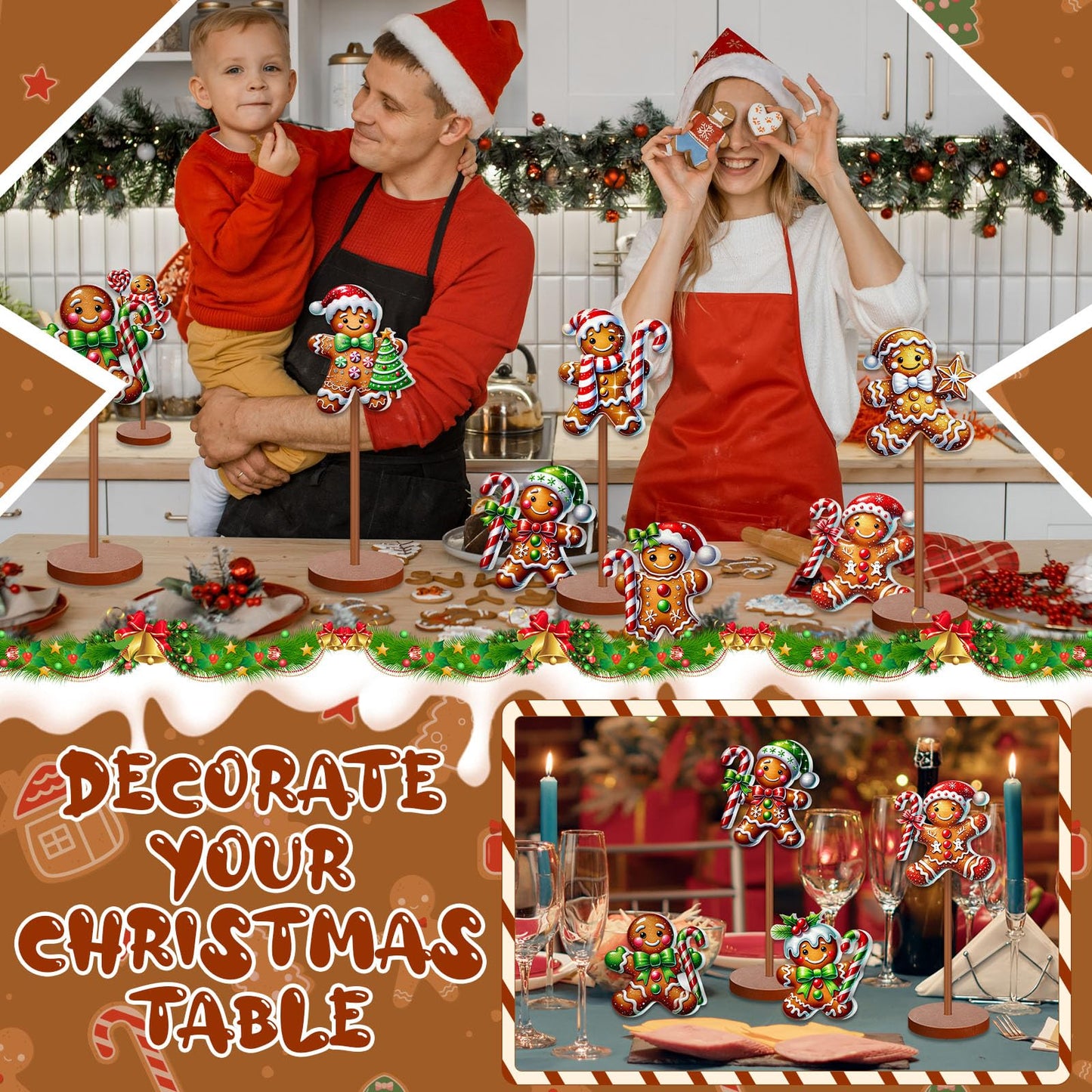 Geelin 10 Pcs Christmas Gingerbread Table Decoration Wooden Gingerbreads Centerpiece for Table Gingerbreads Theme Birthday Party Decor Gift for Xmas Holiday Winter Desk Home Office Party Decor