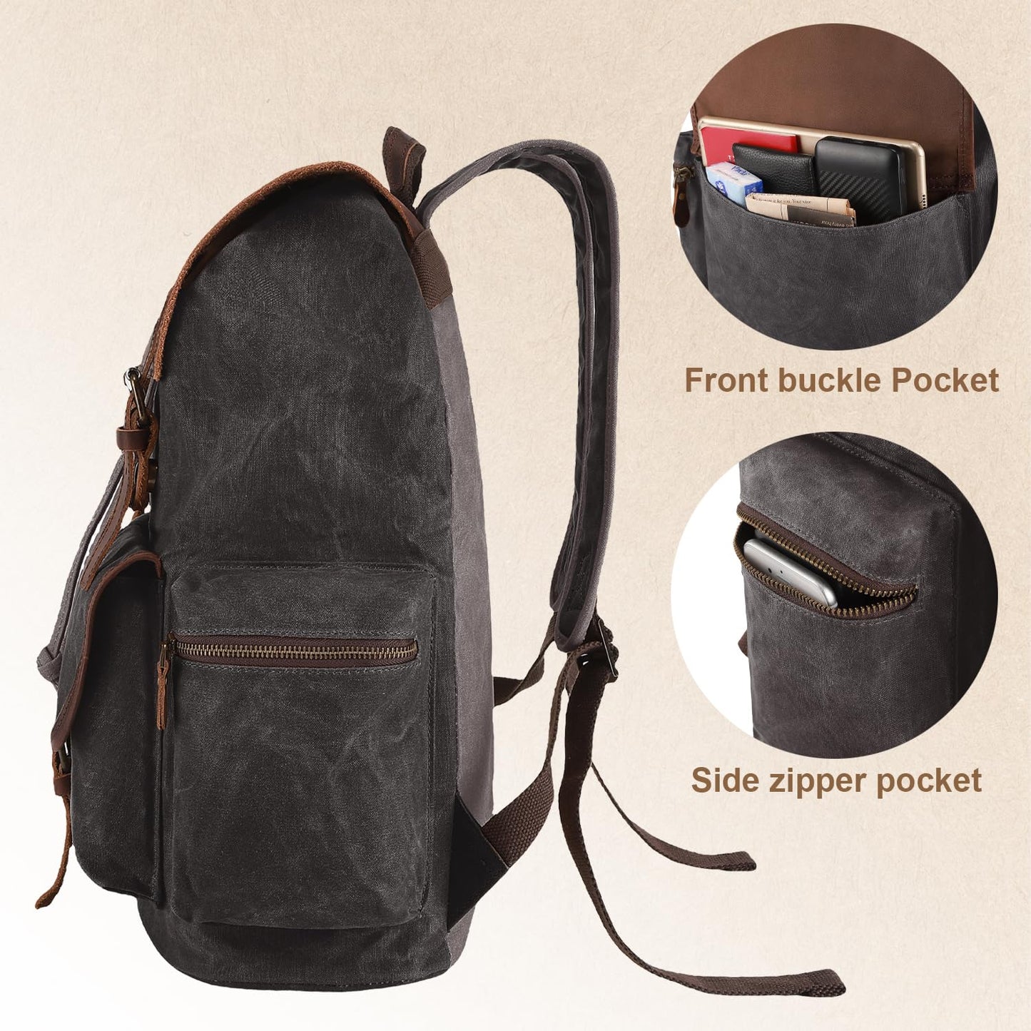 NEHOR Vintage Waxed Canvas Backpack Casual Genuine Leather Laptop Rucksack Shoulder DayPack for Travel/Hiking/School