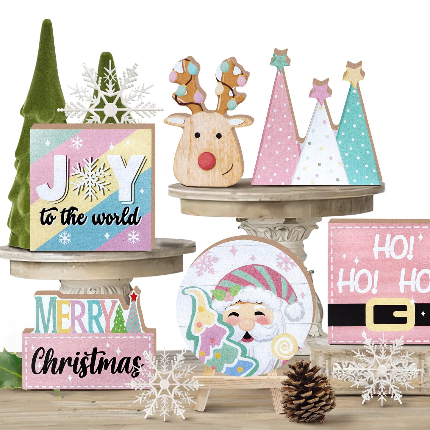 Uruney Merry Christmas Tiered Tray Decor, Pink Xmas Tree Santa Deer Tray Decorations, Hohoho Joy to The World Snowflake Wooden Signs, Holiday Rustic Farmhouse Home Decor for Table Shelf Mantel Party