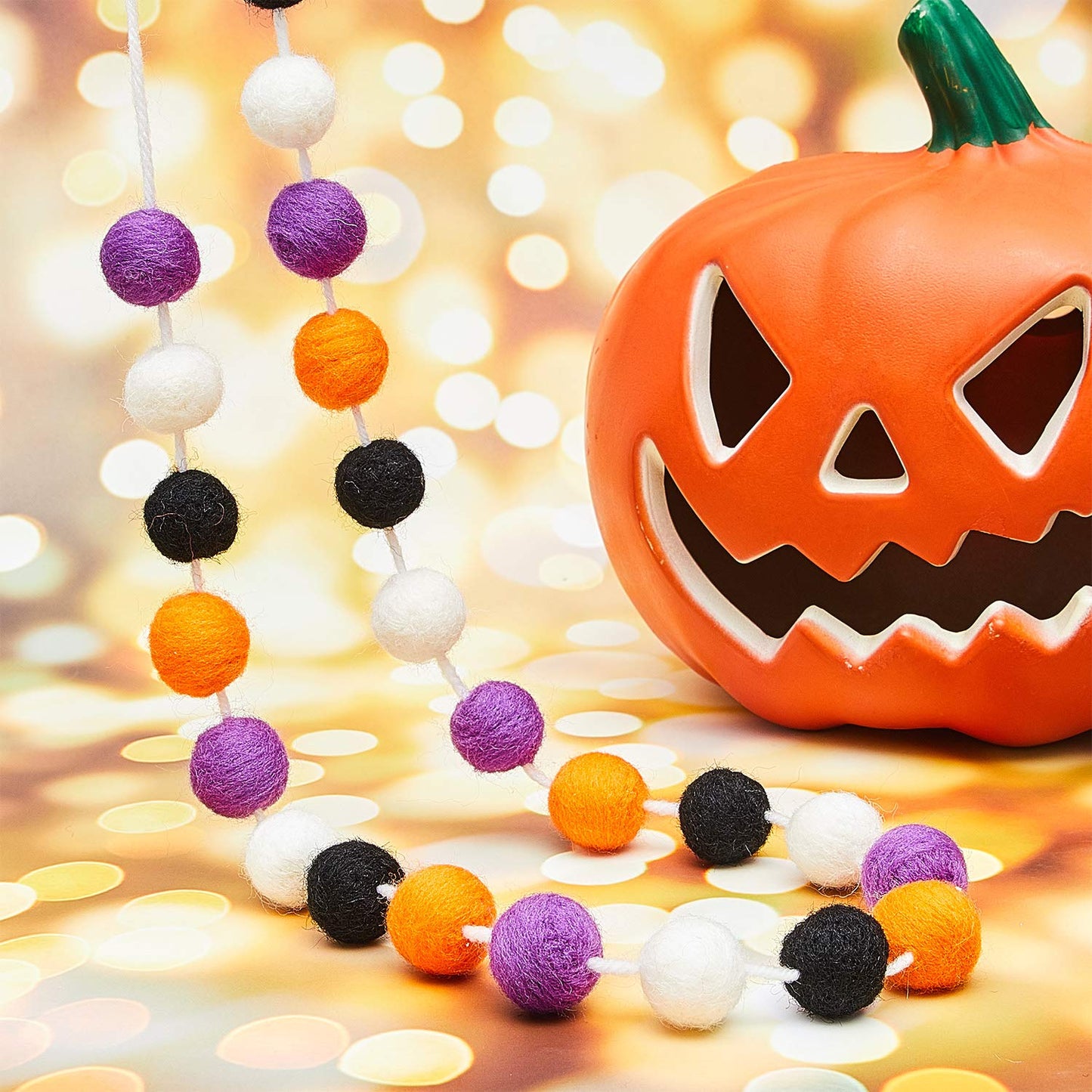 WILLBOND 2 Pieces Wool Felt Rainbow Ball Garland Colorful Pom Pom 6.5 ft Long 24 Ball Garland for Easter Mardi Gras Classroom Halloween Thanksgiving Xmas (Orange,White,Black,Purple)