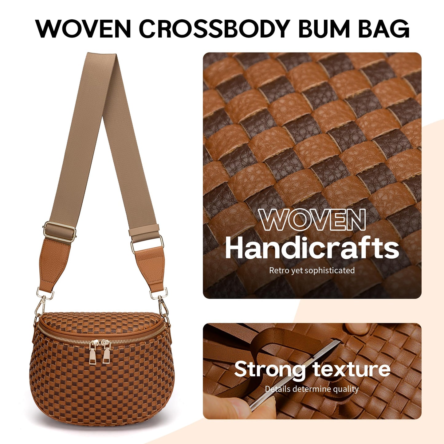 FODOKO Woven Crossbody Bag for Women Woven pu Leather Bum Bags Checkered Cross body purse with zipper Adjustable straps（Checkered Coffee brown
