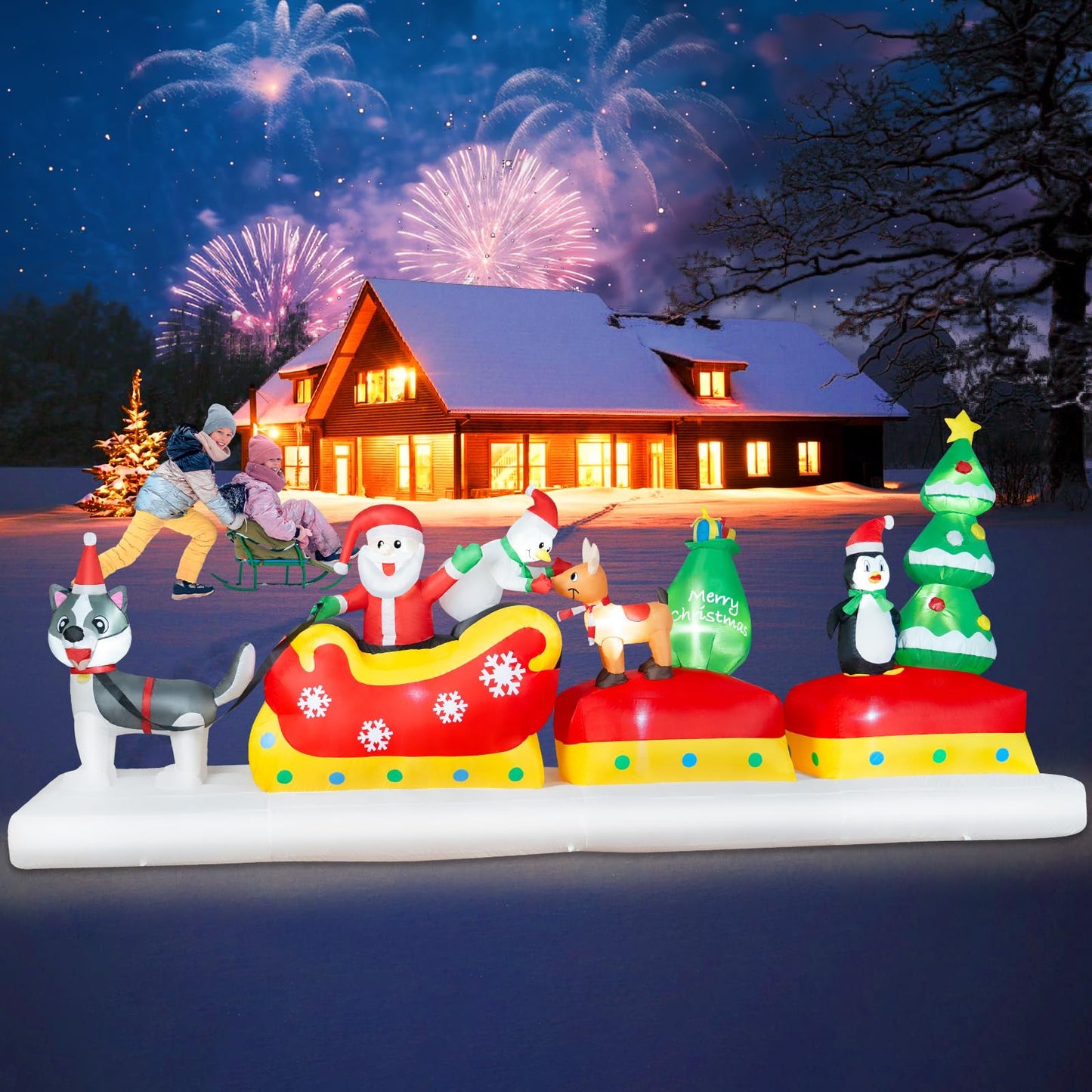 B&D 12FT Long Christmas Inflatables Outdoor Decorations, Inflatable Santa Claus on Dog Sled with Snowman, Penguin, Reindeer Blow up Christmas Decorations Built-in LEDs for Xmas Garden Yard Lawn Roof