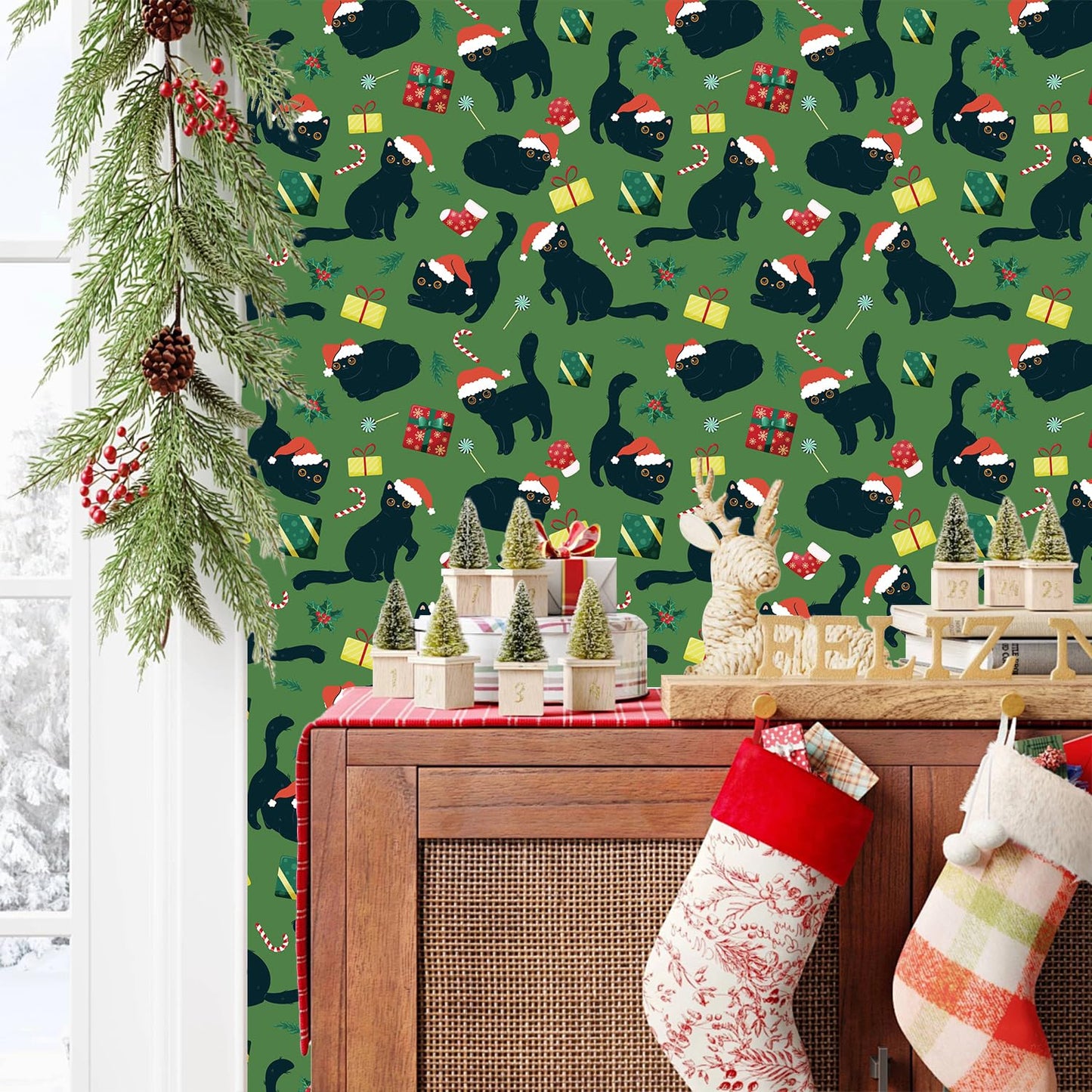 IARTTOP Christmas Cat Wallpaper Peel and Stick Christmas Party Contact Paper for Cabinets Black Cats Santa Hats Wallpaper Candy Cane Green Xmas Backdrop for Holiday Bedroom Cat Lovers(17.3"X118.1")