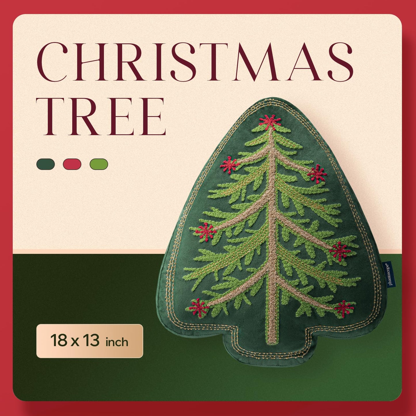 Phantoscope Merry Christmas Tree Decorative Throw Pillow, Velvet Beads Embroidery 3D Shaped Cushion, Green, 18 x 14 in