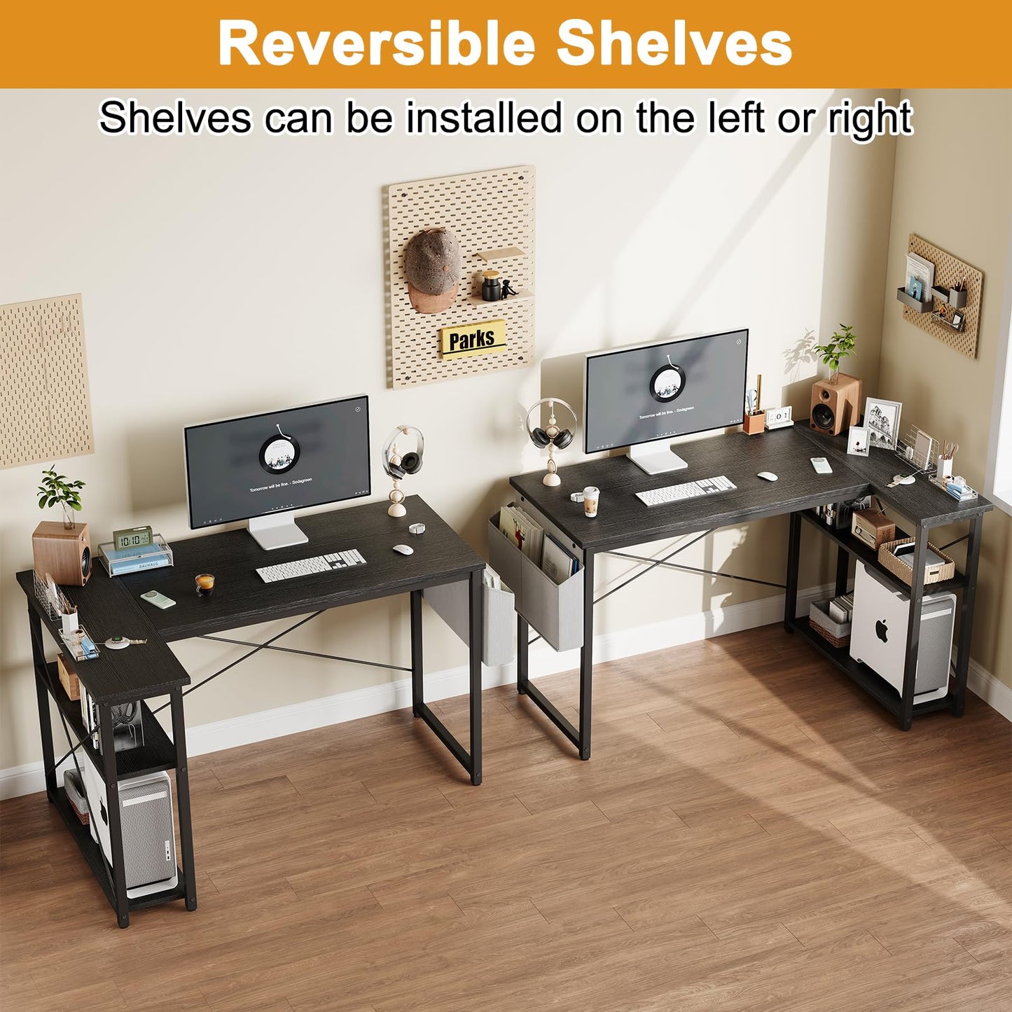 Grandder L Shaped Computer Desk with Reversible Shelves, 47 Inch Small Corner Desk with Storage Bag, Gaming Desk Computer Table Study Writing Table for Home Office Bedroom Small Space, Black