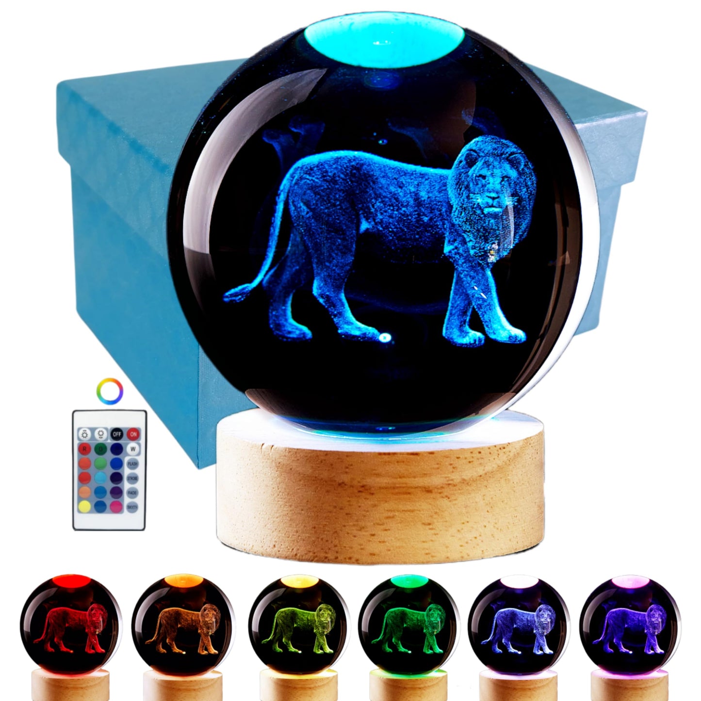 3D Crystal Ball Lamp with Lifelike LED Lion, 16 Color Changing Light, Dimmable Remote Control