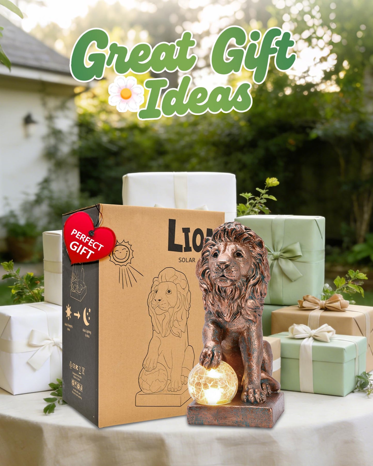 Nacome Guardian Lion Garden Decor: Outdoor Decoration Statue with Ball Lights for Yard Art Porch Patio Balcony - Unique Birthday Choice for Women Mom Lover - 9.45in (Copper)