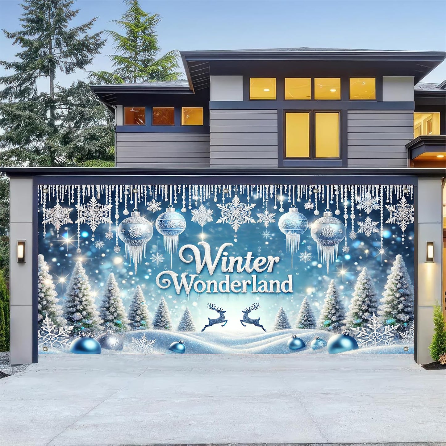 HOMETITUTE Winter Wonderland Garage Door Banner 13x6ft Snowy Landscape Decoration Frost Covered Trees Photo Prop Background for Peaceful Holiday Outdoor Festive Display Party Supplies