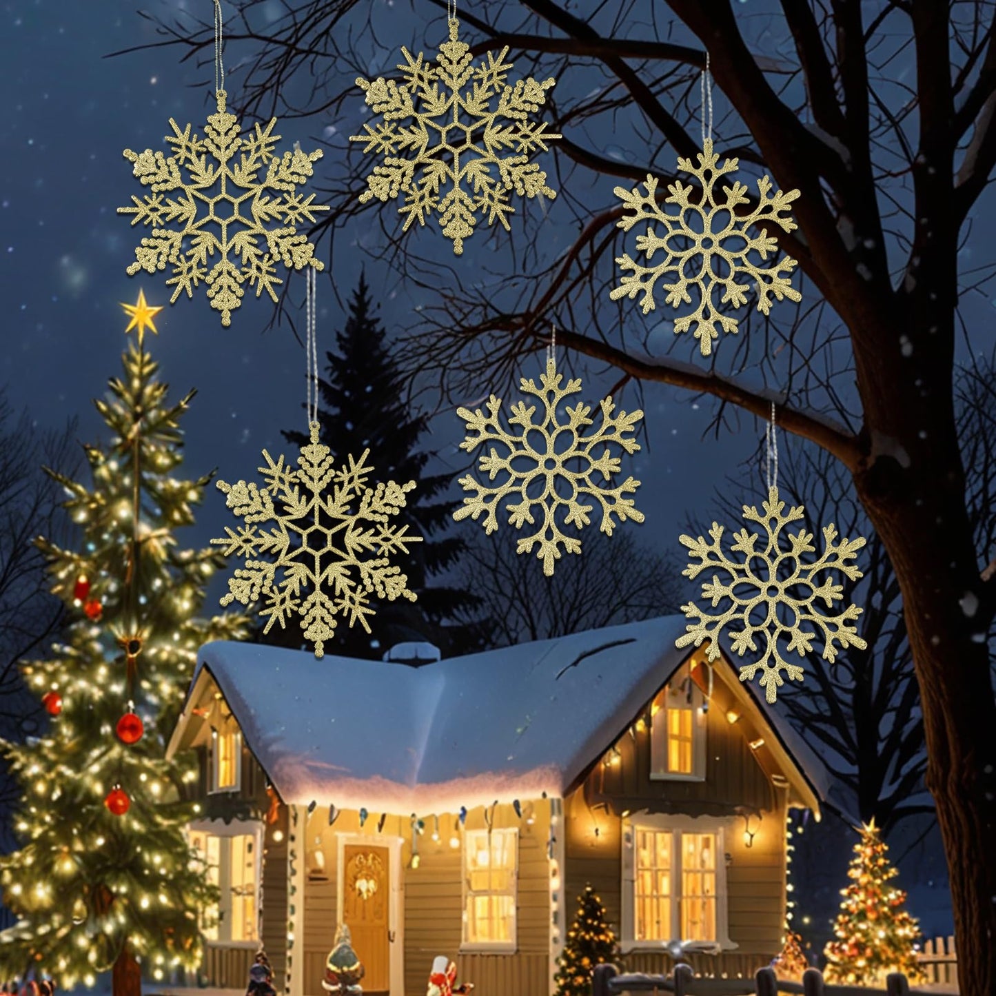 6pcs Large Gold Snowflakes Ornaments 12" Big Plastic Glitter Snowflake for Winter Indoor Outdoor Christmas Tree Window Room Decorations Giant Craft Snowflakes