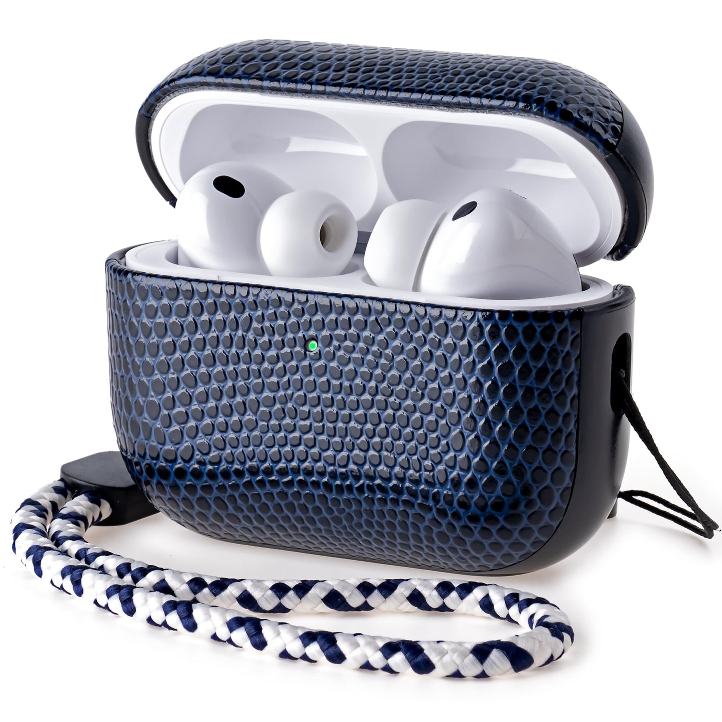 RIXENY Leather Case for AirPods Pro 3 (3rd Gen 2025), Adjustable Lanyard, Vegan Lizard Texture Leather, Hard Shell, Scratch/Shock Proof, Wireless Charging, for Fashion & Luxury Lovers, Blue