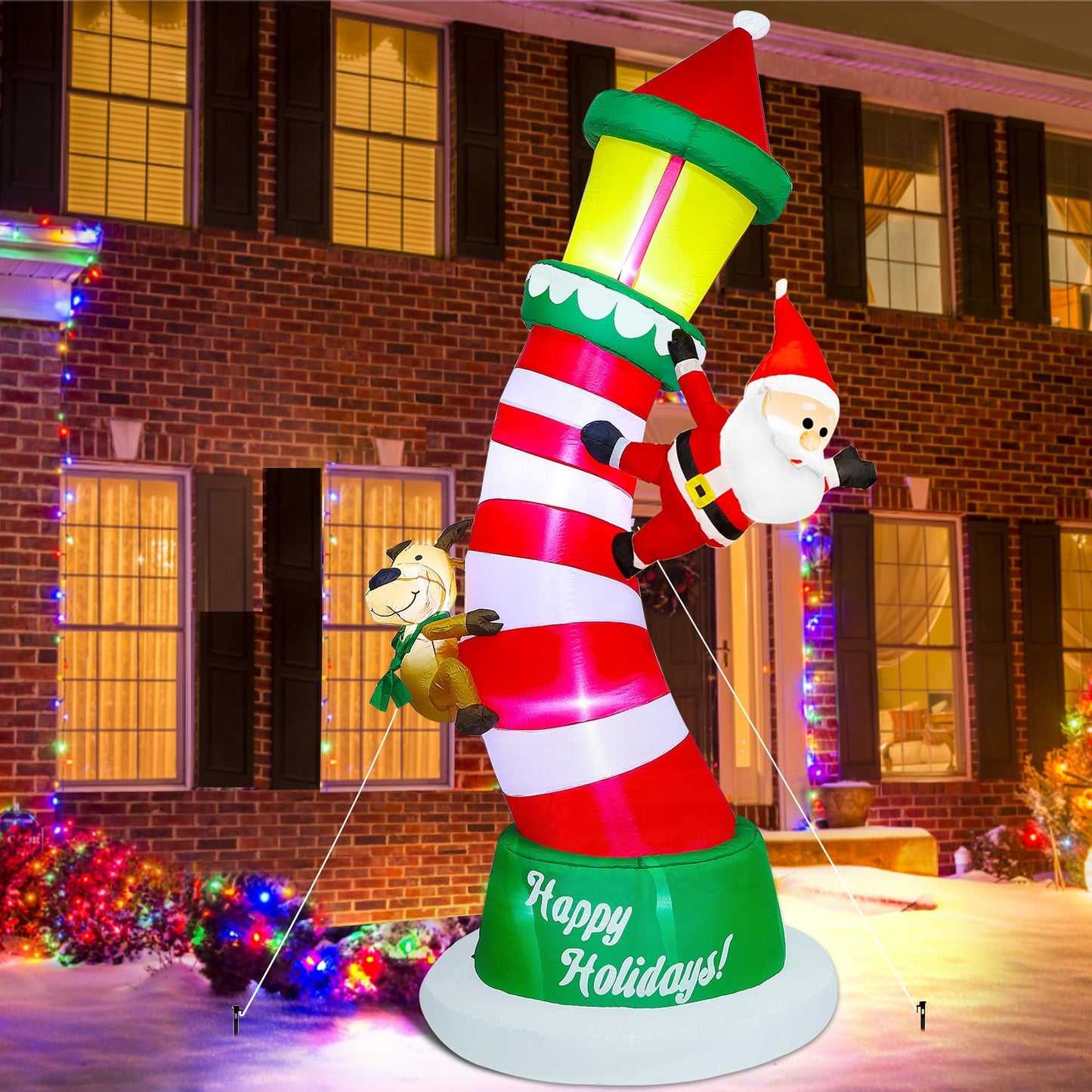Lulu Home 9FT Christmas Inflatable Decorations, Giant Lighted Lighthouse with Santa and Reindeer, Xmas Blowups with Drawstring Bags for Winter Holiday Yard Lawn Garden Outdoor Decor