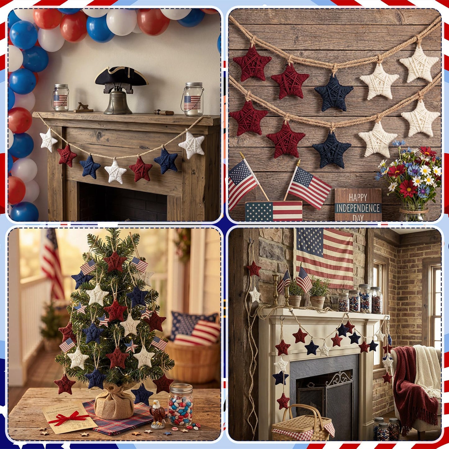Daifunli 24 Pcs 4th of July Patriotic Ornaments Yarn Red Blue White Star Ornaments Farmhouse Handmade Star Vase Bowl Fillers Hanging 250th Anniversary Decoration for Home Small Tree Table Wreath Decor