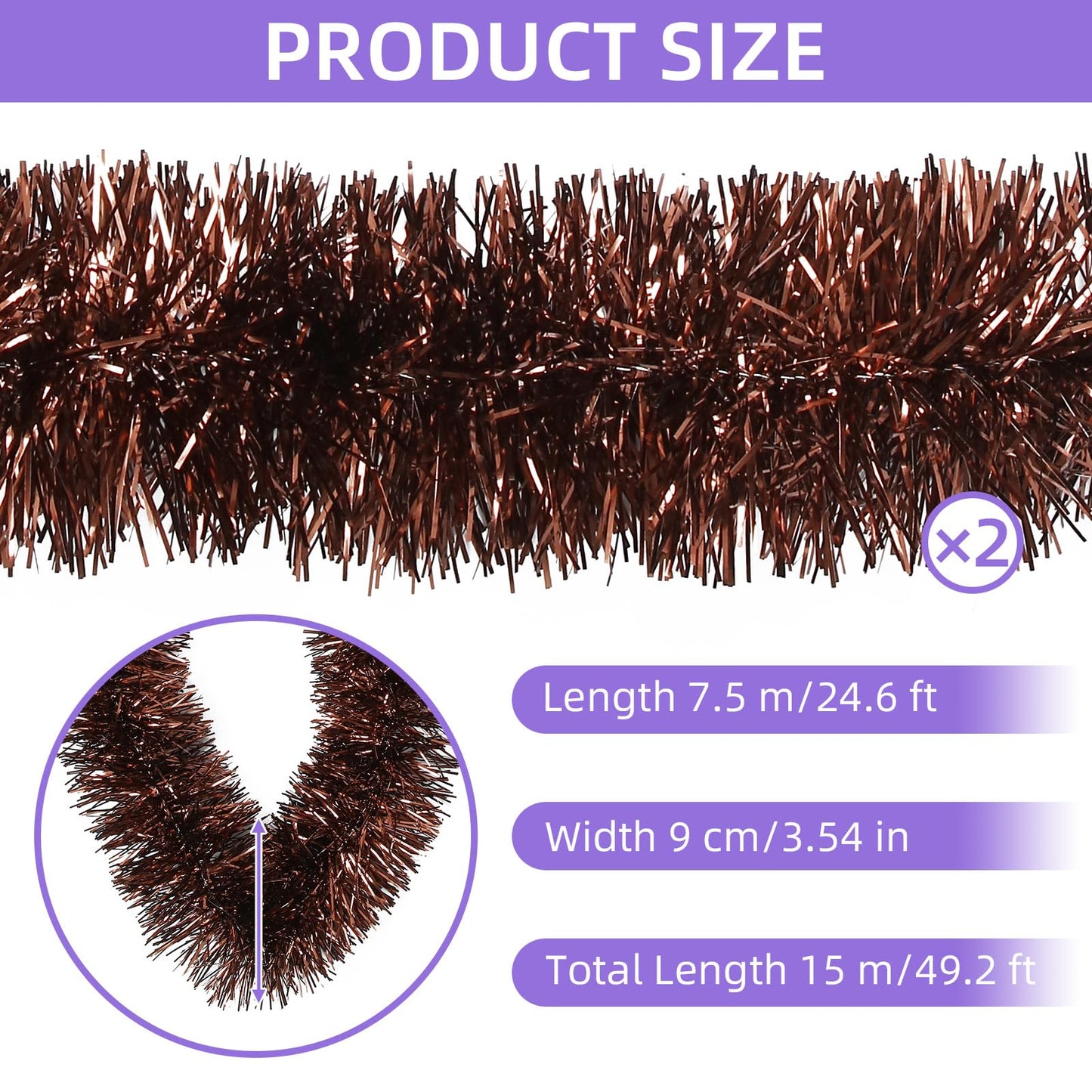 Ohiyoo 50 Feet Brown Tinsel Garland Christmas Foil Tinsel Garland Decoration Metallic Hanging Streamers for Christmas Tree Birthday Party New Year Party Supply (3.54" x 50', Brown)