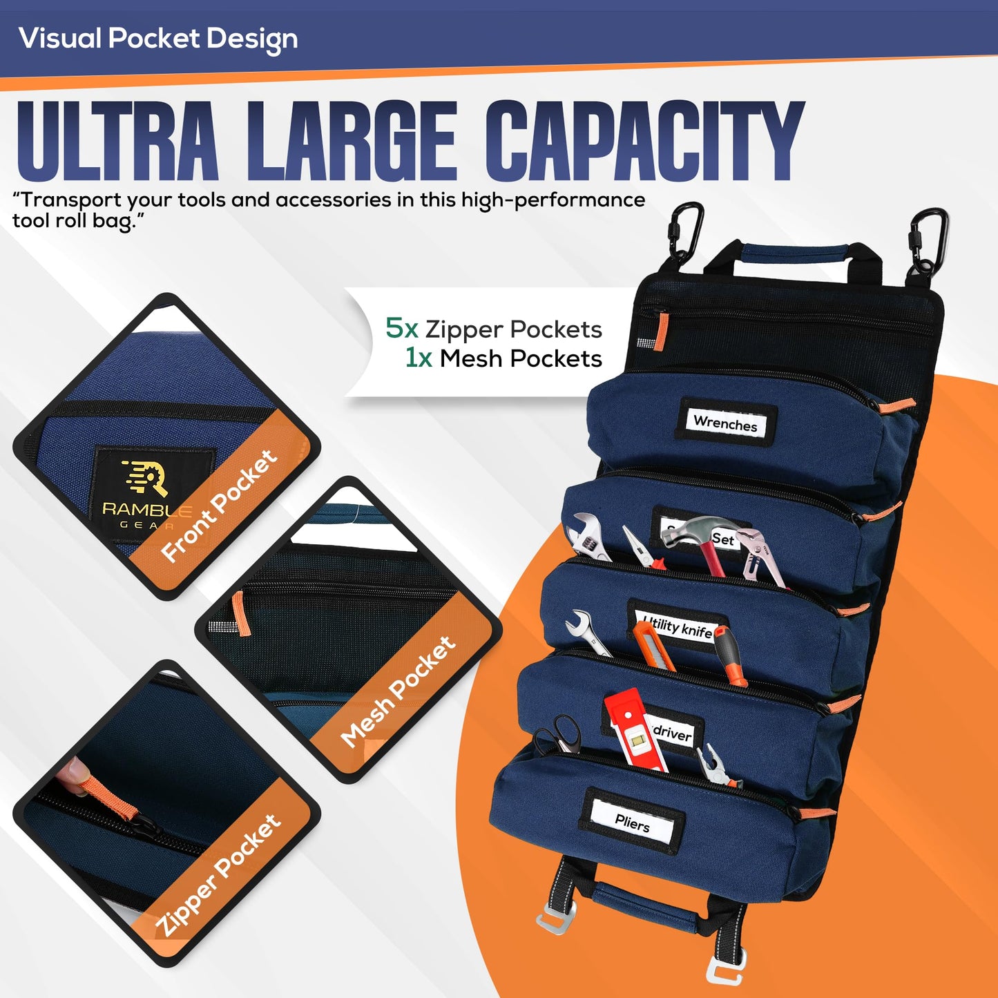 Ramble Gear Roll Up Tool Bag Organizer – Heavy Duty Canvas Tool Roll Bag, Tool Roll Up with 5 Oversized Labeled Pockets & Carabiners, Portable Roll Up Tool Organizer for Mechanic, Truck & Car (Blue)