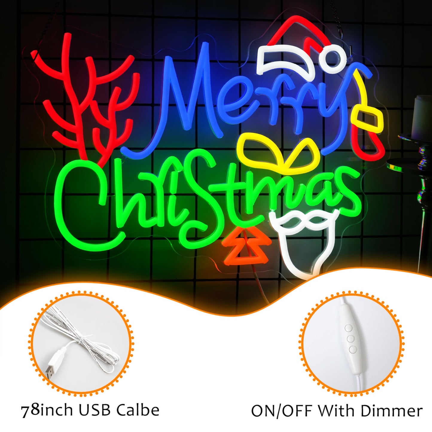 LISIGNVE Merry Christmas Neon Sign with Santa Hat Dimmable USB Powered Led Christmas Tree Stocking Light UP Sign for Home Bar Window New Year Party(16.5 * 12.4 In)