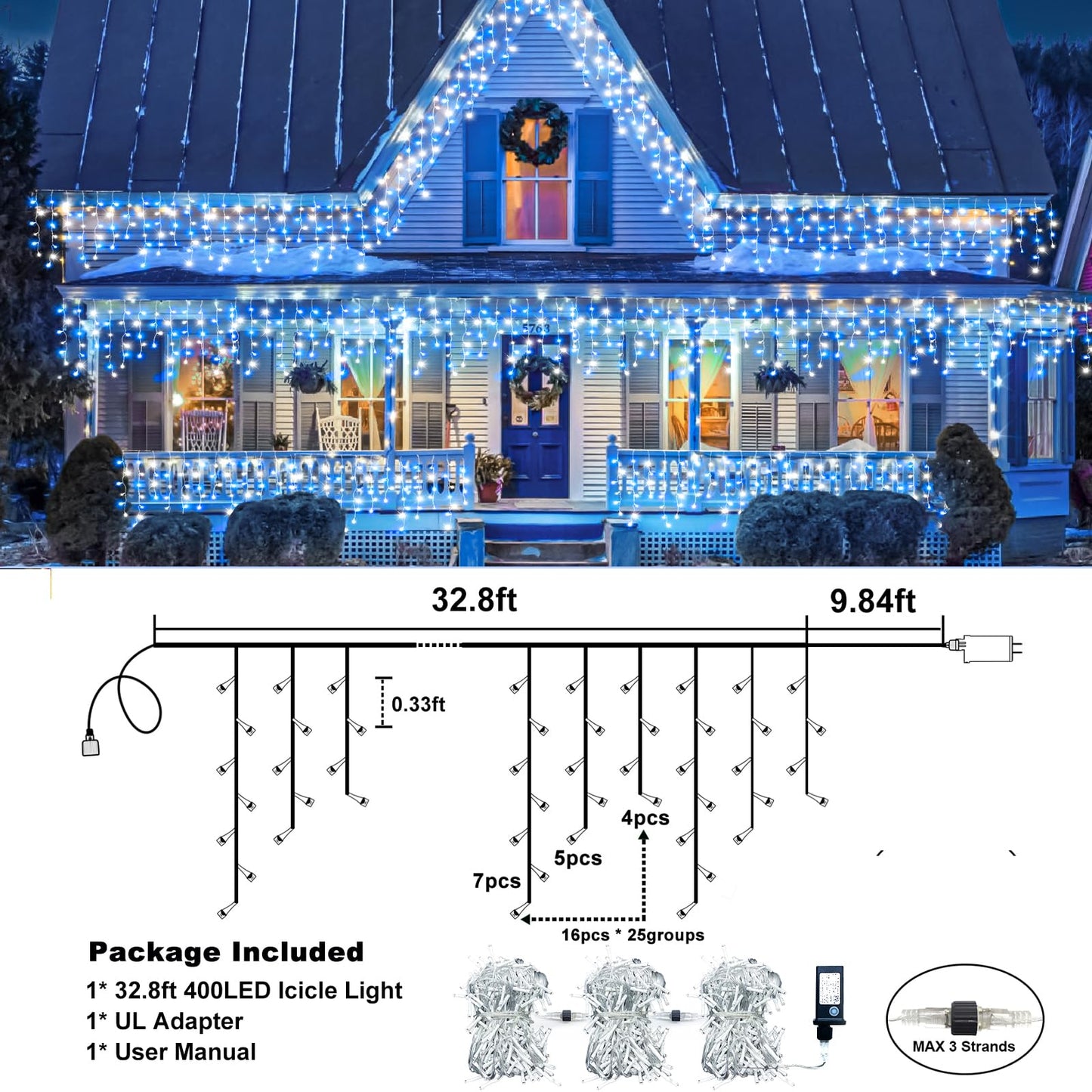 Icicle Lights for Outside - 33FT 400 LED Icicle Christmas Lights Outdoor with 75 Drops 8 Modes Timers, Waterproof Connectable Hanging Lights for Indoor Roof Yard Xmas Decorations, Blue and White