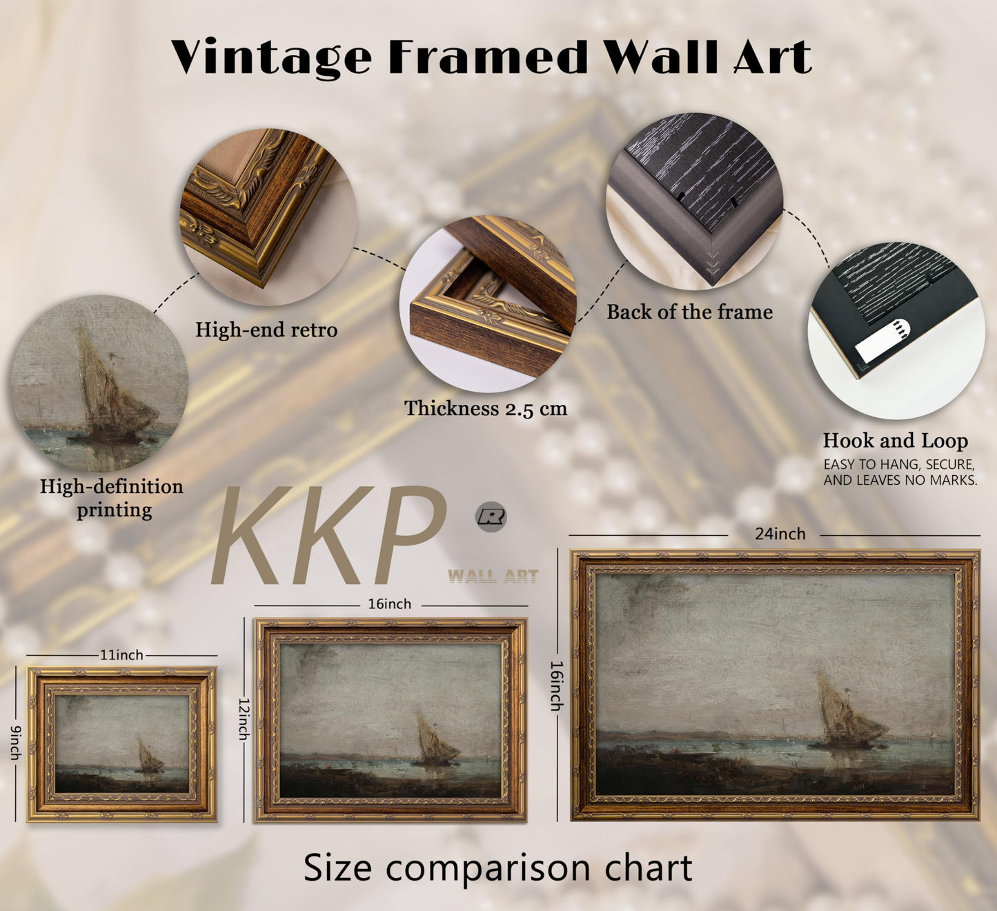 KKP Antique Gold Framed Coastal Wall Art, Vintage Sailboat Canvas Prints