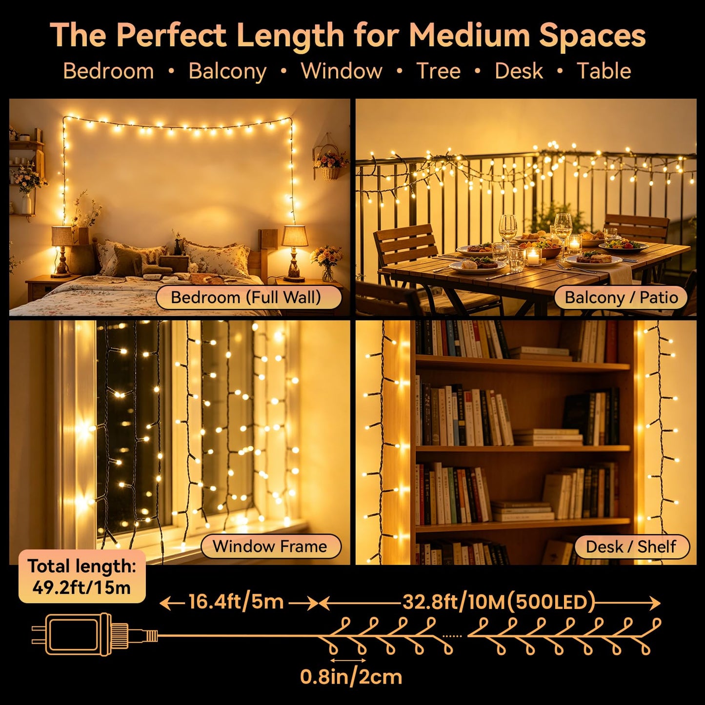 500 LED Cluster String Lights, 49FT Plug-in Fairy Lights with Remote, Timer, 8 Modes & 4 Brightness Levels, Warm White Indoor Outdoor Decorative Lights for Bedroom, Patio, Garden, Wedding, Holiday
