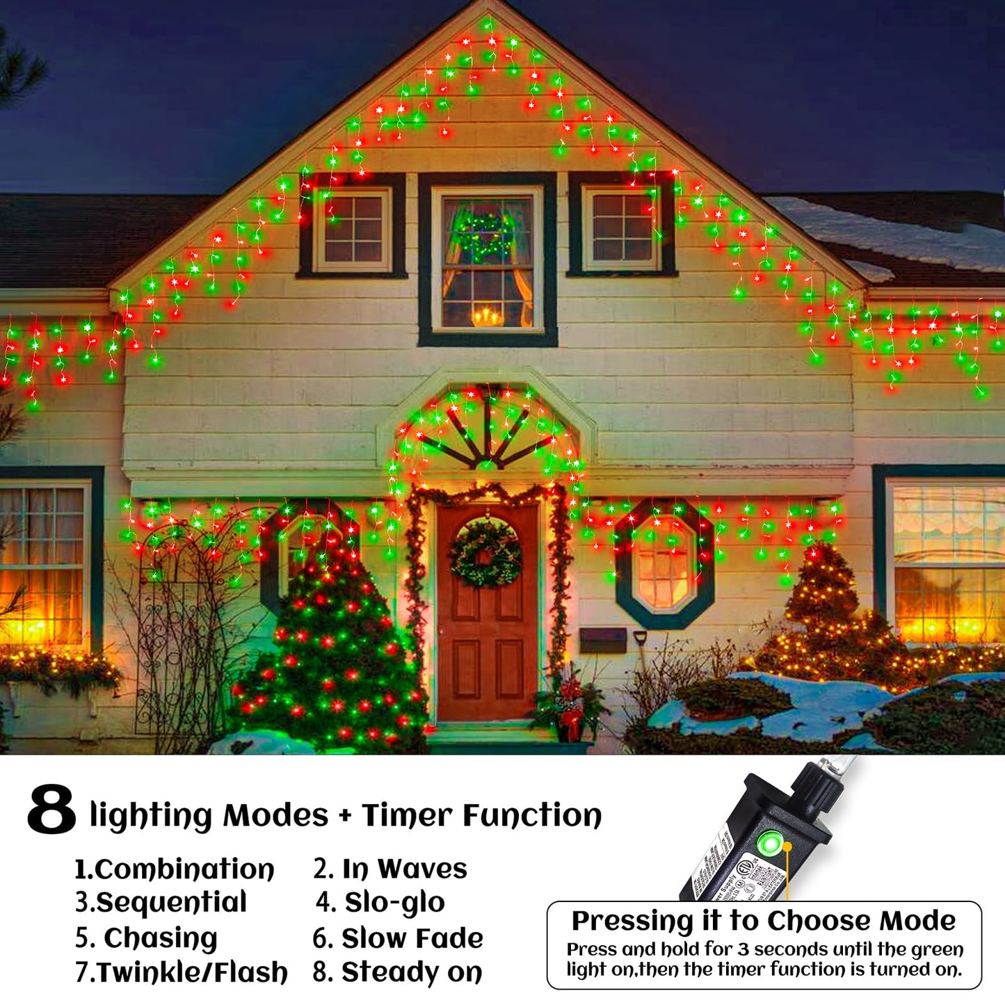 66ft Icicle Lights for Outside, Red and Green Christmas Lights Outdoor Indoor, 640 LED Twinkle String Lights with 120 Drops, Clear Wire Short Curtain Light for Thanksgiving Room Home Wall Bedroom