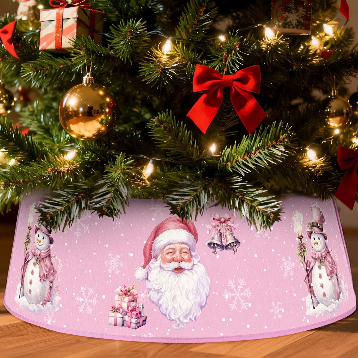 Motionchic Christmas Tree Collar 30'' Pink Santa Claus Christmas Tree Skirt Stand Base Cover Xmas Base Collar Ring Xmas Decoration Stand Skirt for 6 ft - 12 ft Foldable Holiday Winter Party Decor