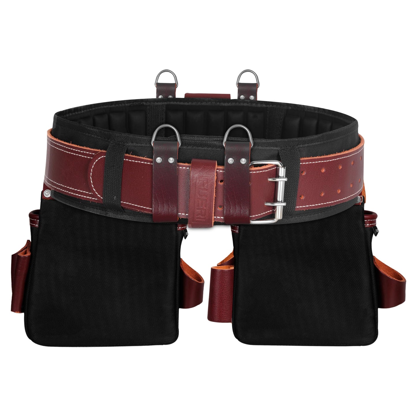 FUERI Tool Belt With Suspender Men Carpenter Pouches Construction Bags (Black and Maroon Tool Belt with Black Suspender, 2X-Large (48'' to 54''))