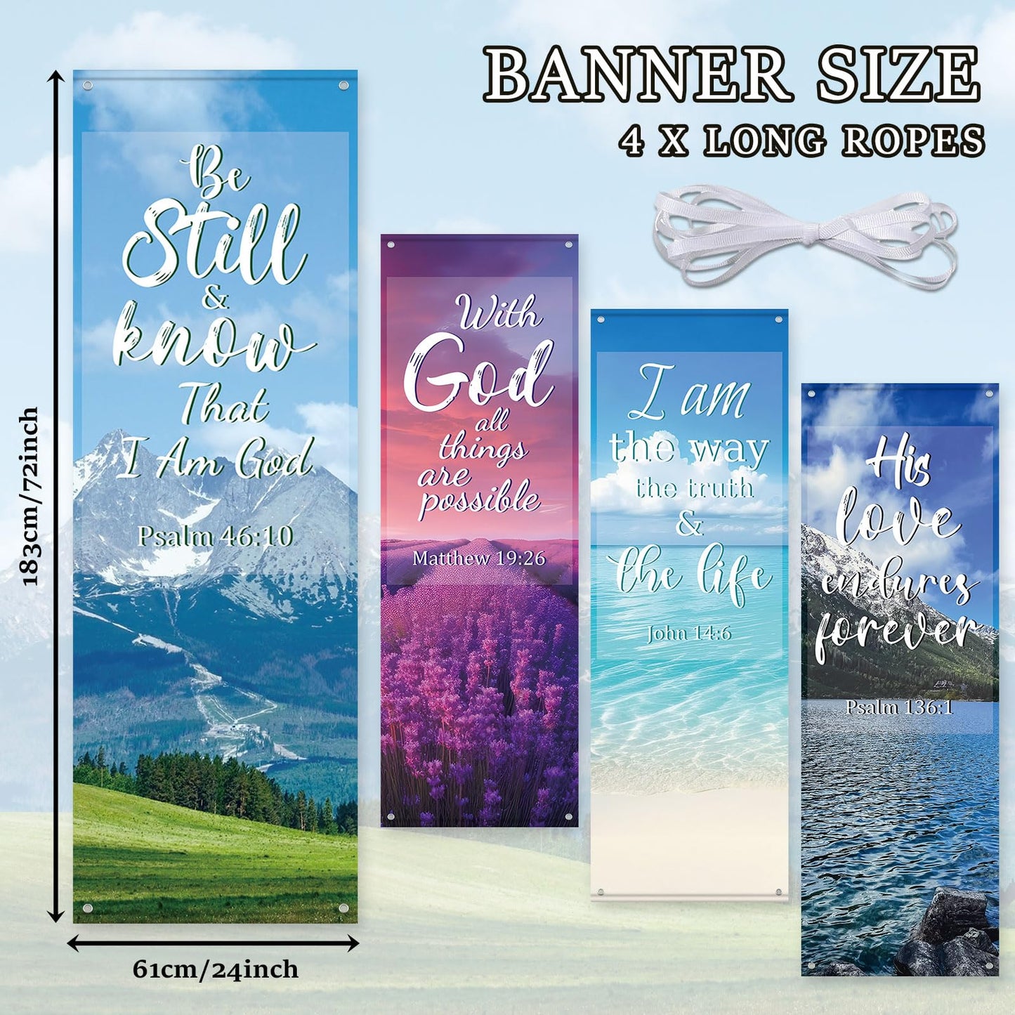 4Pcs Church Banners for Sanctuary Wall Welcome Inspirational Religious Banners Hanging Backdrop Scenic Pattern Church Banner with Scripture Bible Verses Exquisite Banner for Church School Decor