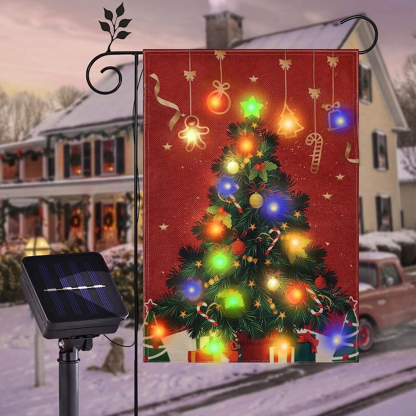 FLAGMESAGE Lighted Christmas Garden Flag for Outside, Solar LED Xmas Tree Flag Decoration, 12x18 Double Sided Outdoor Yard Lawn Decor