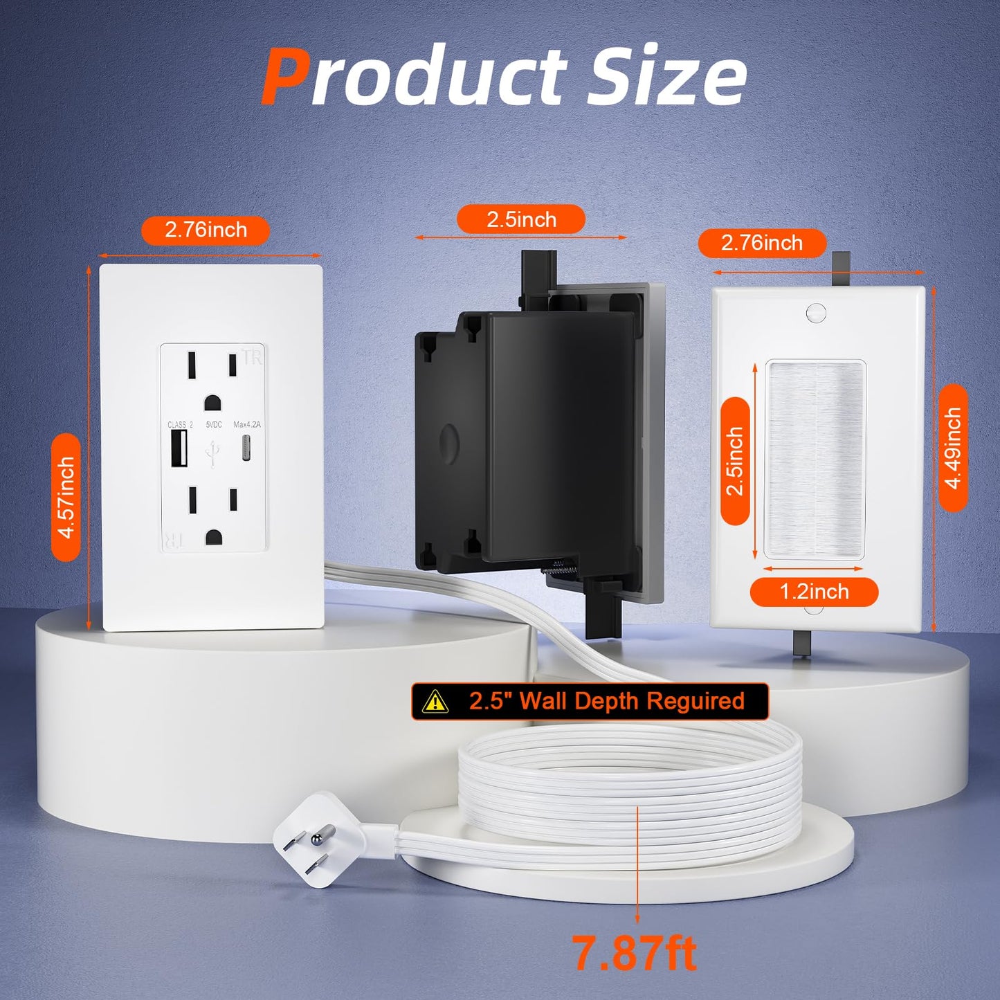 Outlet Relocation Kit,in Wall Cable Management Kit,2 AC+USB-A+USB-C,Power Relocation Kit for Unreachable Outlets,7.8ft in Wall Outlet Extender for TV,Home Theater，Sofa,Desks,Nightstands