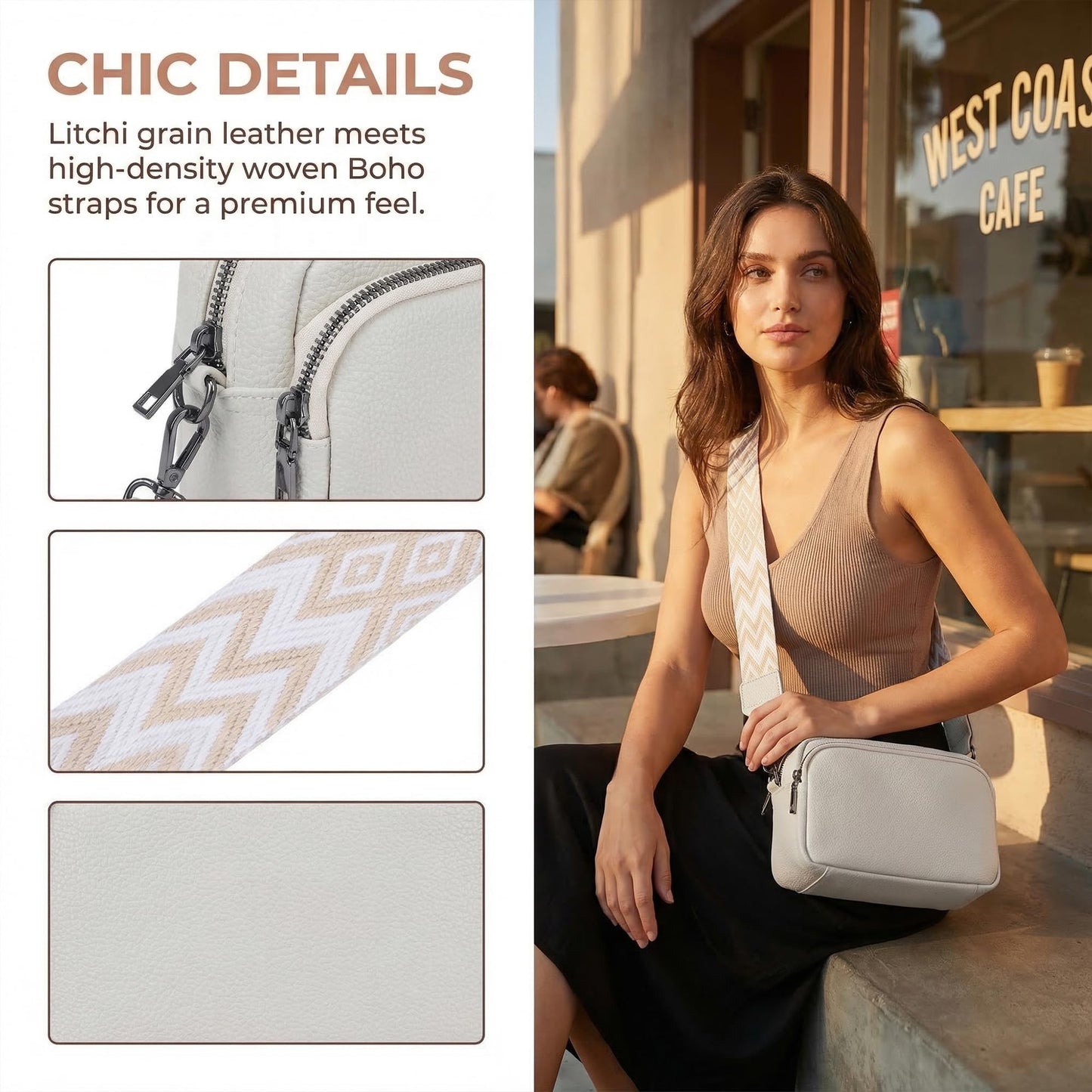 Perphy Crossbody Bags for Women 5 Pockets Shoulder Handbags with Wide Strap 7.9 * 2.4 * 5.9 inches Beige