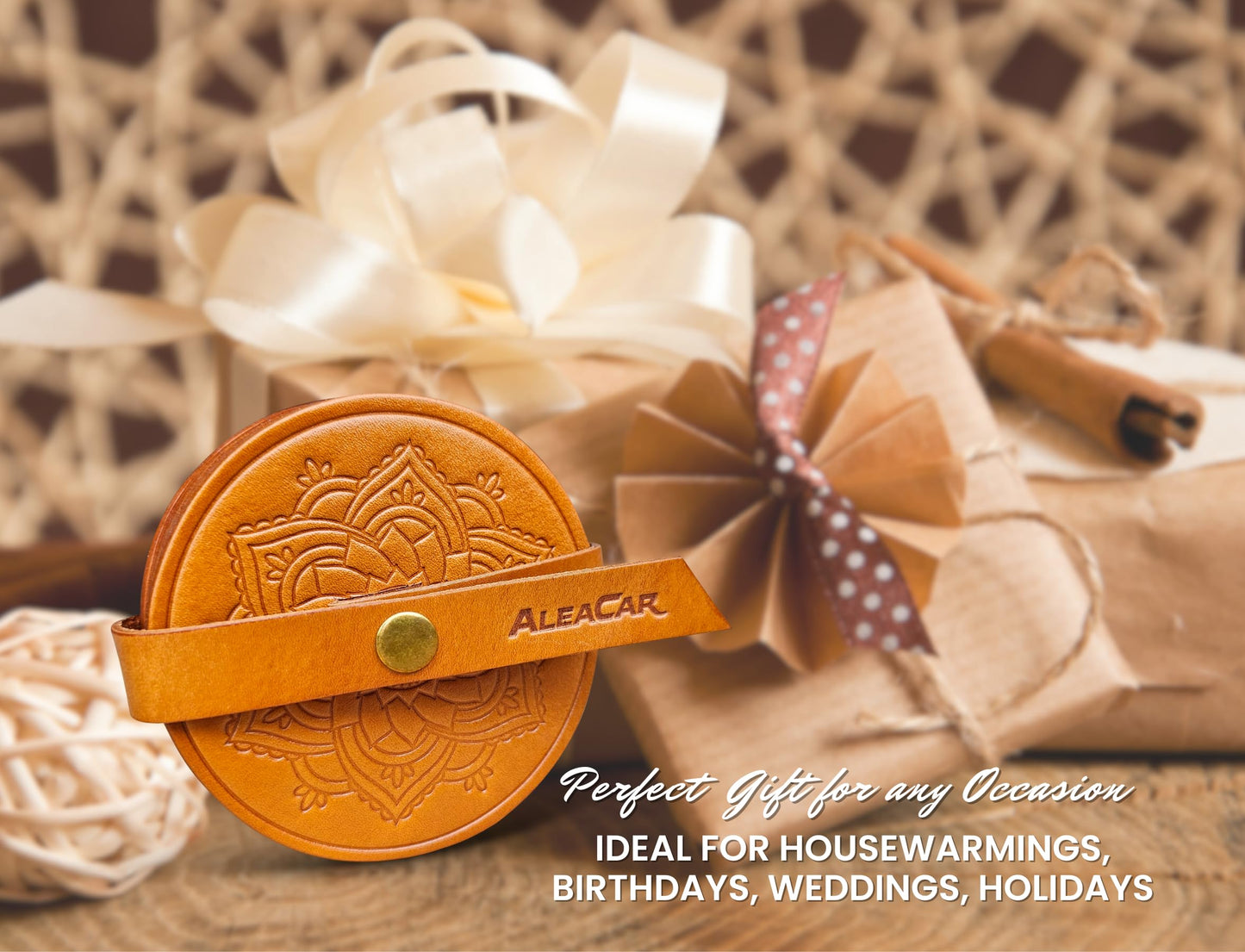 ALEACAR Handmade Leather Coasters 4" for Drinks - Set of 6 Modern Cup Coaster for Coffee, Wine, Desk, Table, Office - Coster for Outdoor Patio, Perfect Housewarming Gift & Home Décor (WoodBrown)
