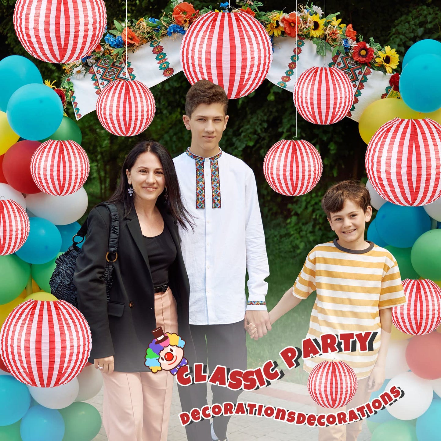 Hortsun 12 Pcs Carnival Circus Decorations Red and White Stripes Paper Lanterns Chinese Hanging Paper Lanterns for Carnival Circus Wedding Birthday Party Baby Shower Home Decoration