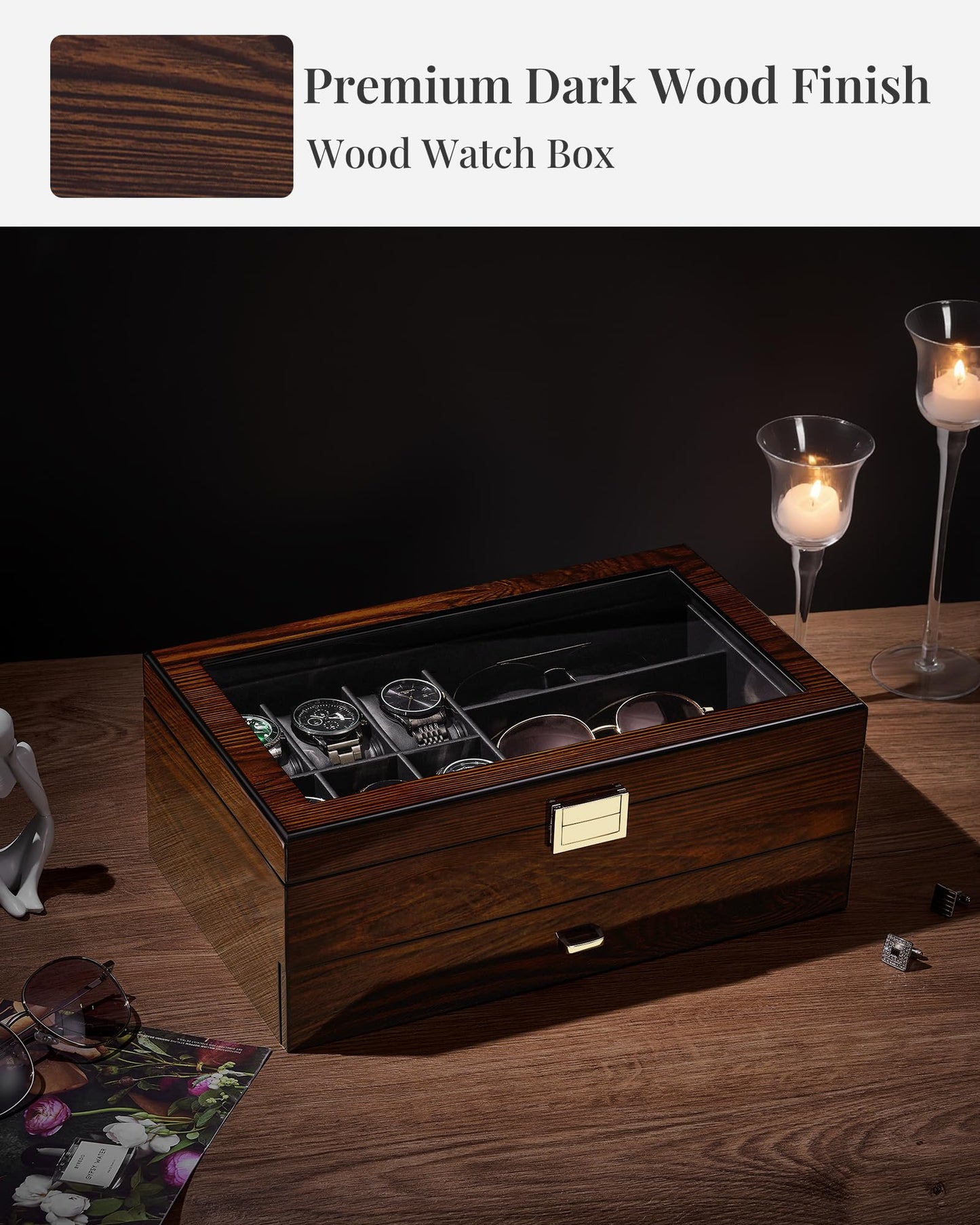 BEWISHOME Men's Wooden Jewelry Box Organizer, 6 Watch and 3 Sunglasses Organizer for Men, Wood Watch Display Case with Glass Lid and PU Leather Interior