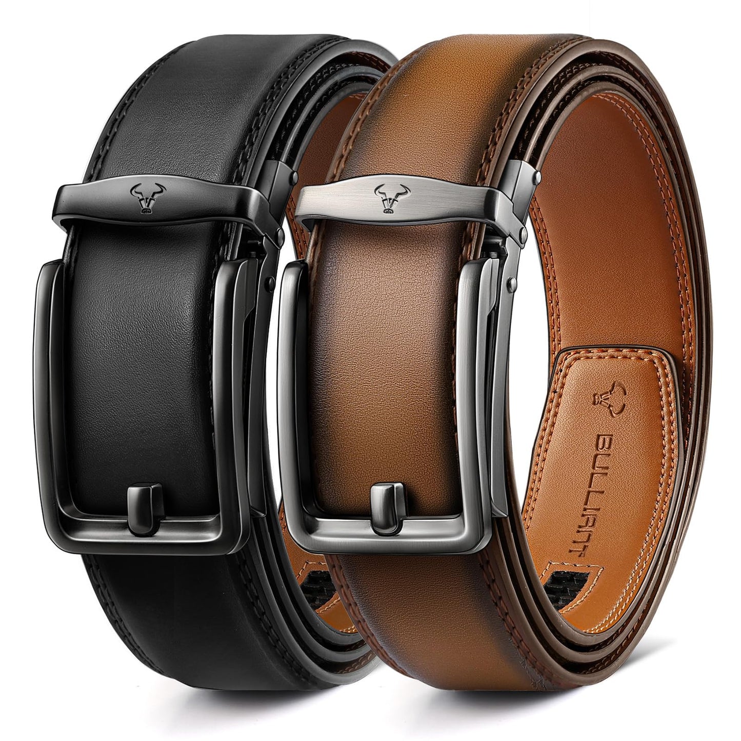 BULLIANT Men Ratchet Belt 2 Pack, Click Sliding Leather Belt Adjustable for Gift Men Dress Casual Jeans 1 3/8,Cut for Fit(Black/Tawny,32"-38" Waist Adjustable)