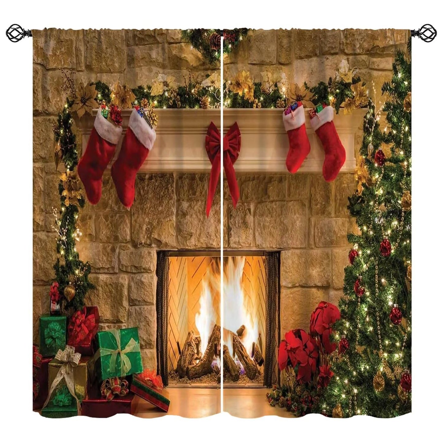 FengMingRui Merry Christmas Curtains Fireplace Christmas Socks Christmas Tree Blackout Window Treatment for Bedroom Living Room Decor Art Printed Window Drapes 52" W X 84" L