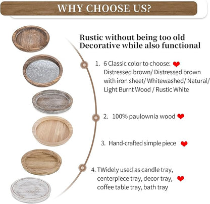 Hanobe Rustic Wooden Serving Tray: Round Wood Decorative Tray Rustic Centerpiece Candle Holder Trays Farmhouse Ottoman Tray for Decor Kitchen Counter Home Decor for Coffee Table