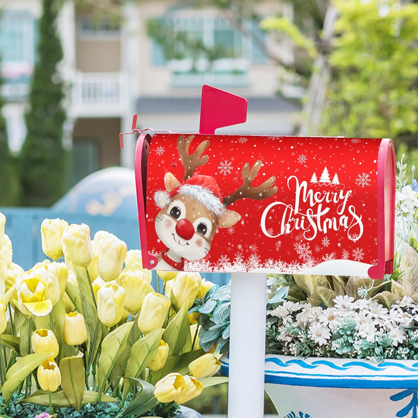Anyako Winter Snowflake Red Mailbox Covers Magnetic Standard Size 18" X 21",Merry Christmas Reindeer Mailbox Wraps Post Letter Christmas Box Cover for Holiday Garden Yard Decor
